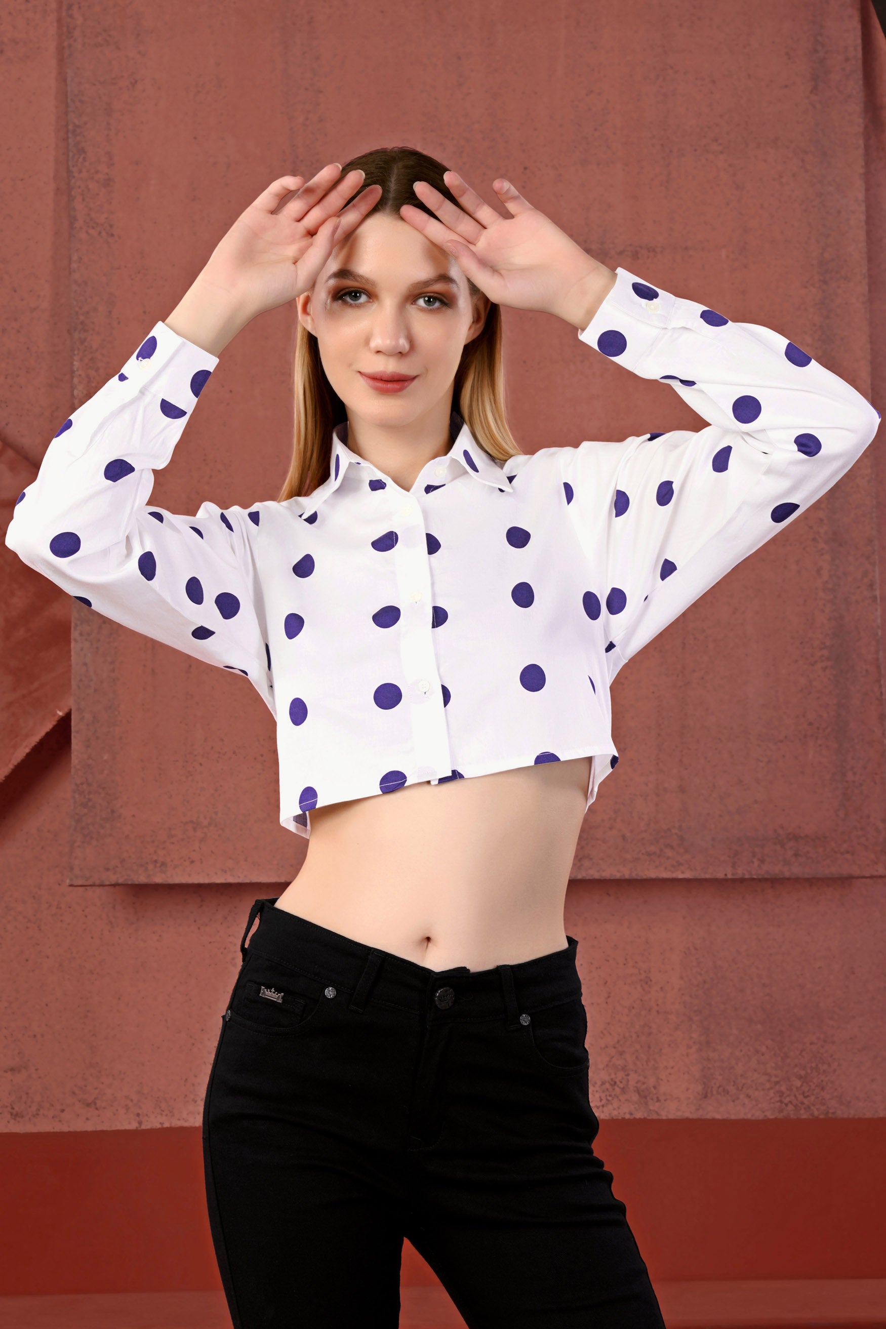 Bright White and Minsk Blue Polka Dots Premium Cotton Crop Shirt