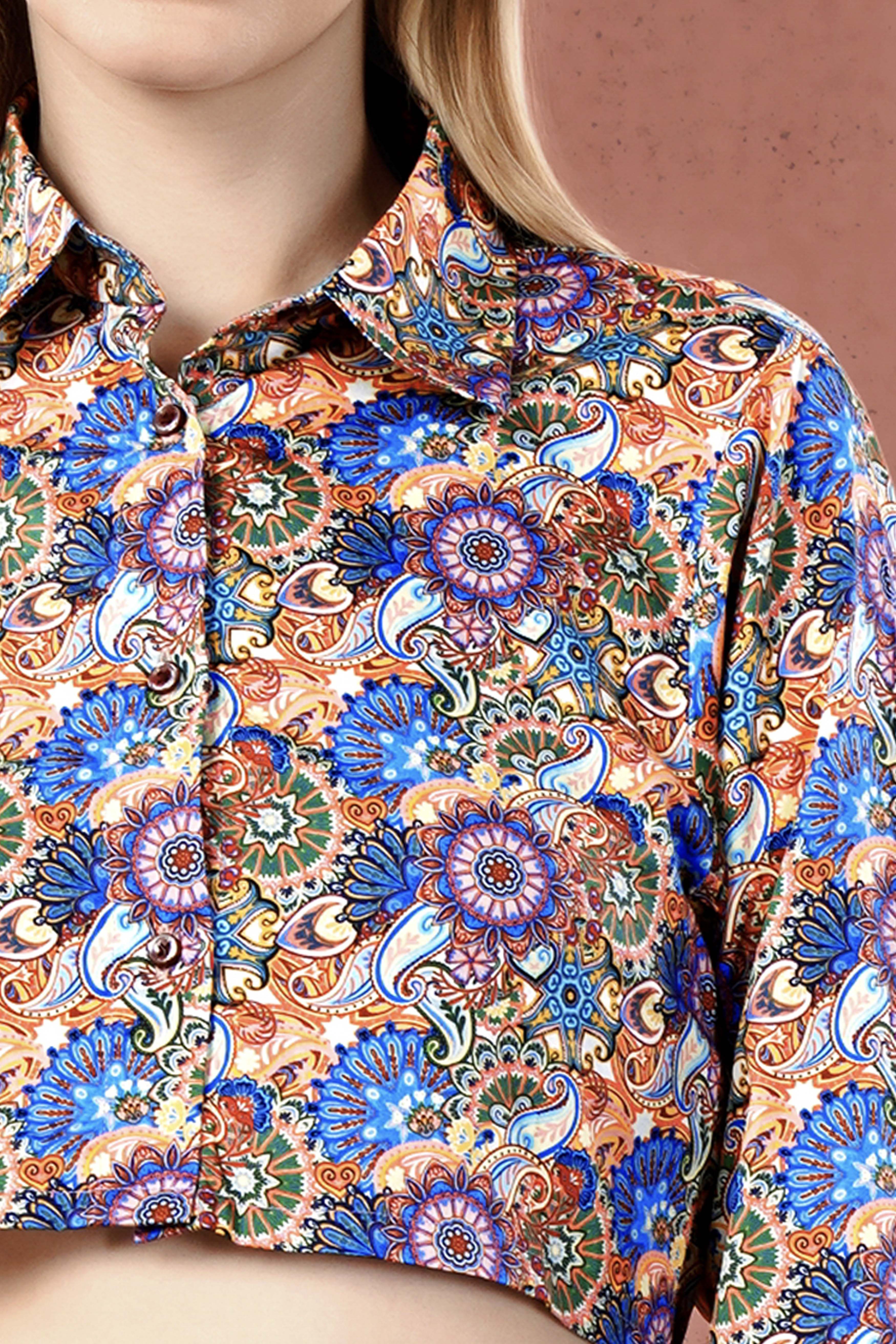 Grape Purple with Viridian Green Multicolour Paisley Printed Premium Cotton Crop Shirt