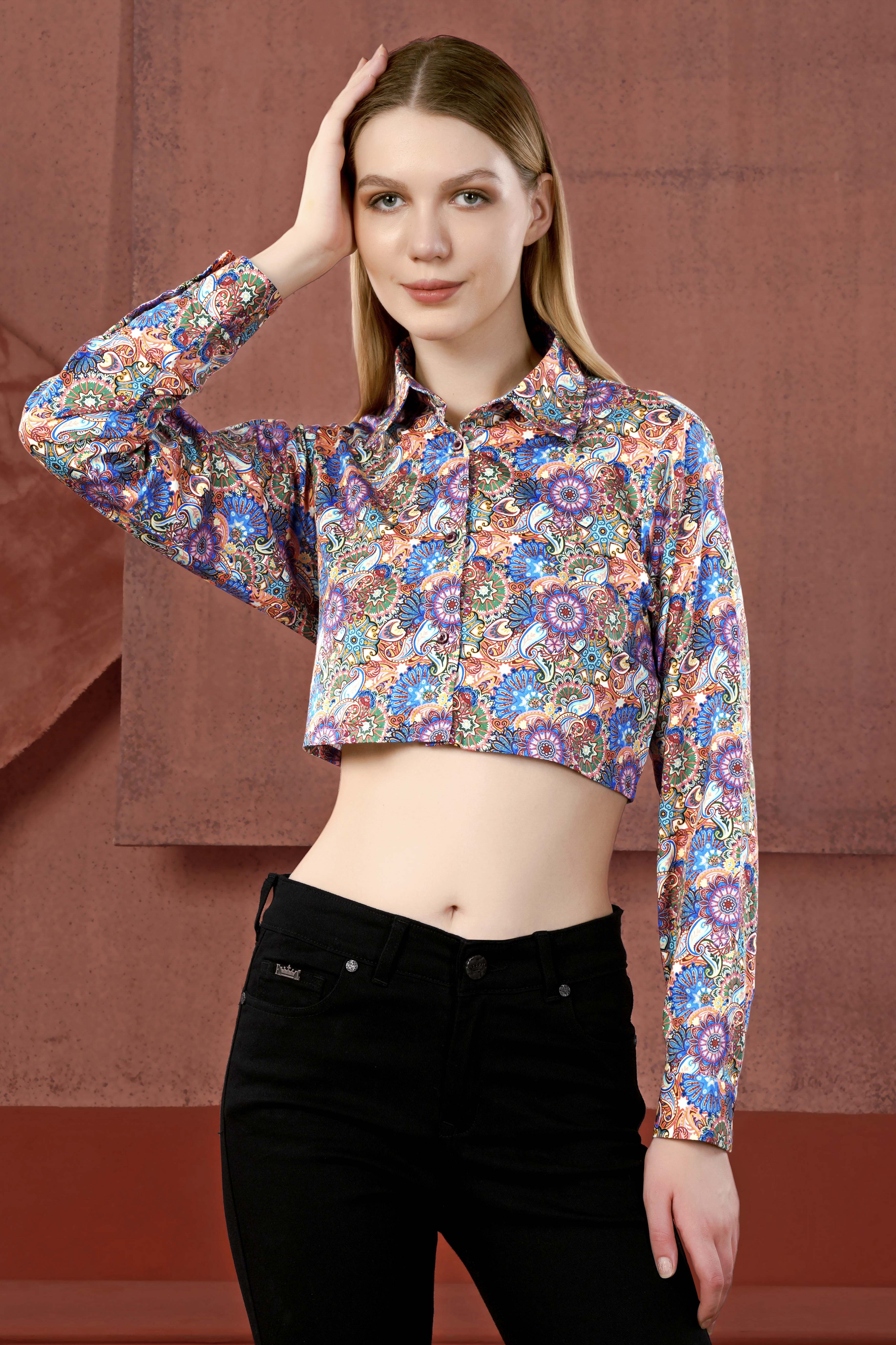 Grape Purple with Viridian Green Multicolour Paisley Printed Premium Cotton Crop Shirt