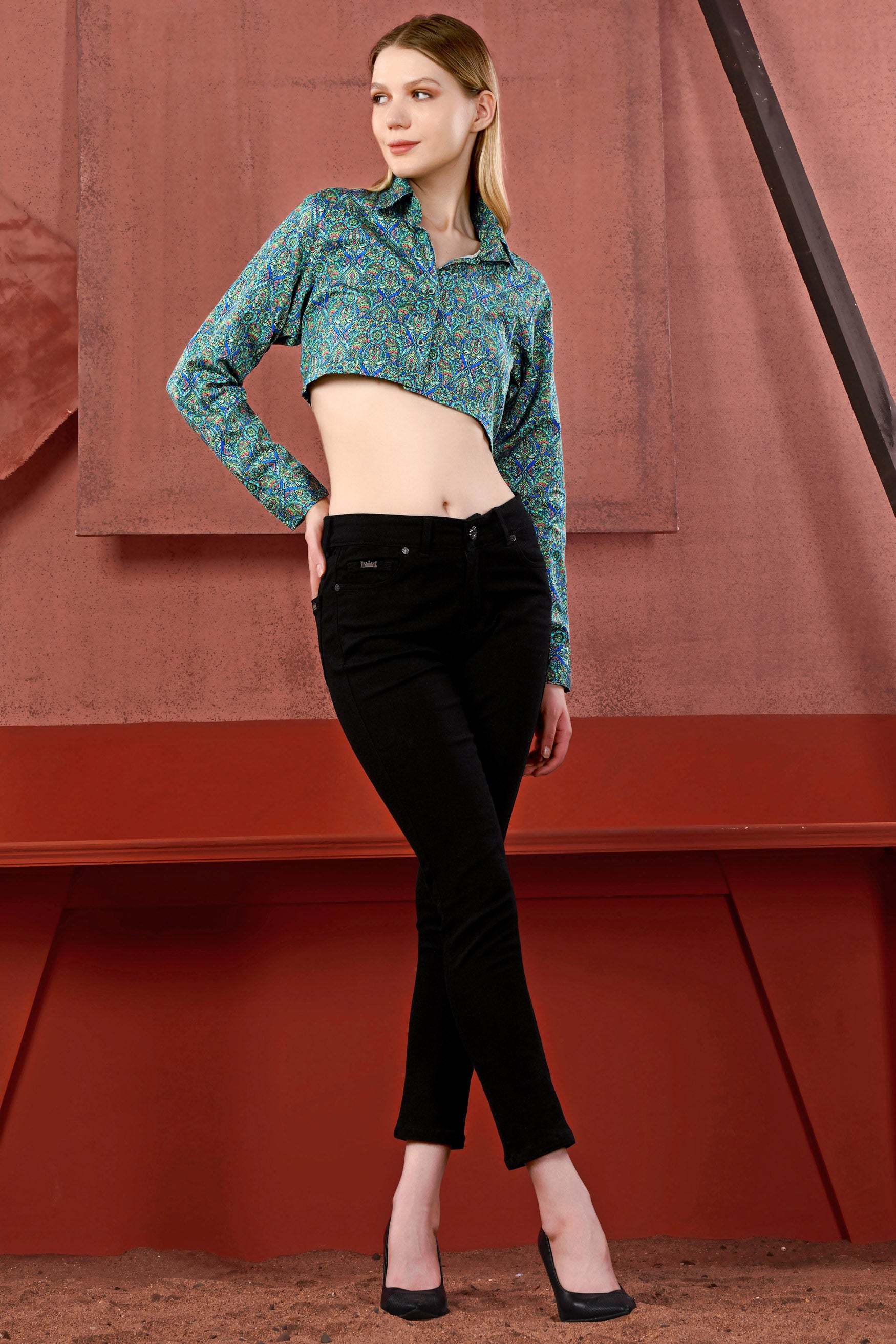 Mariner Blue with Algae Green Paisley Printed Premium Cotton Crop Shirt