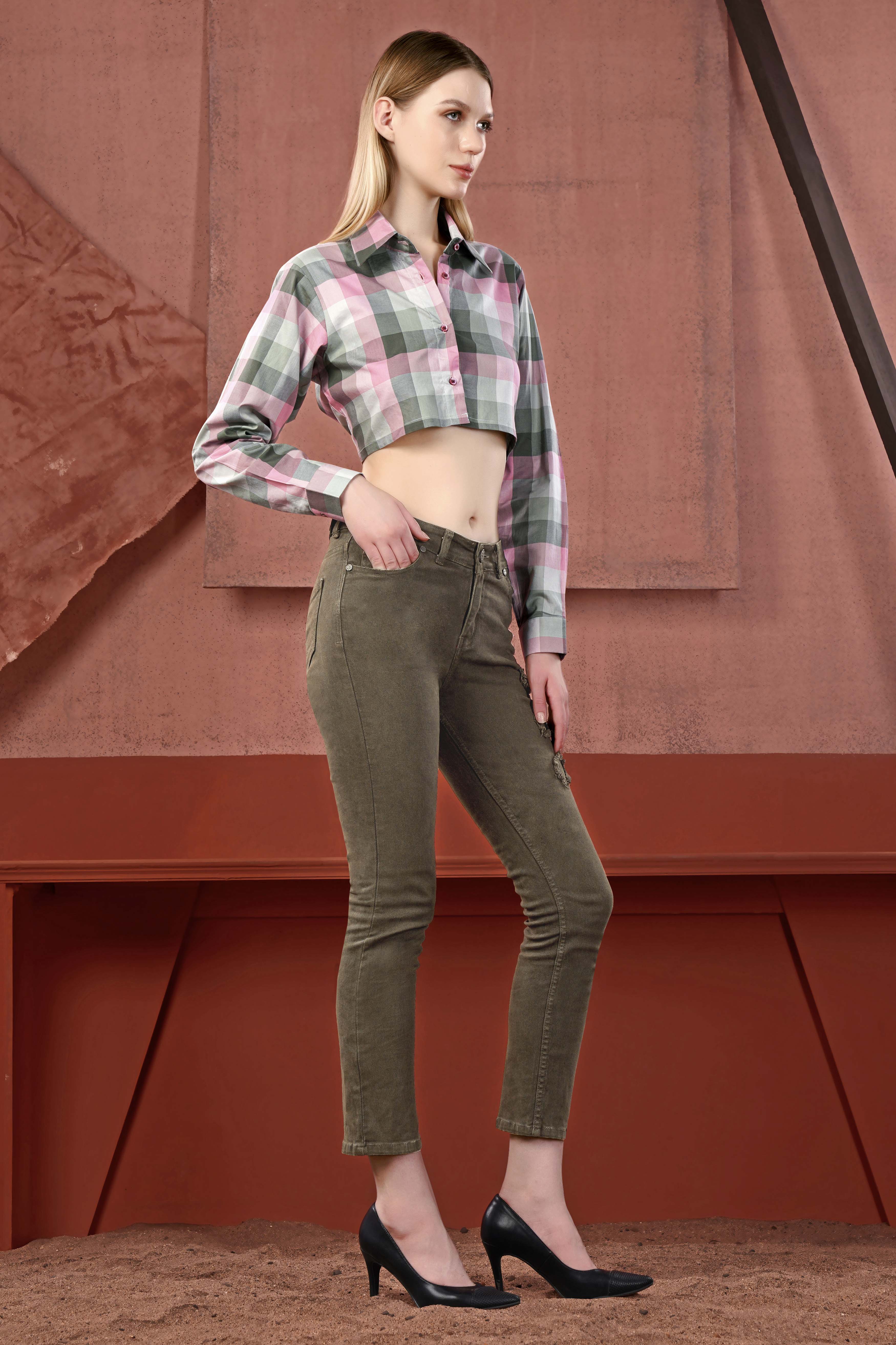 Finch Green with Kawaii Pink Multicolour Checked Premium Cotton Crop Shirt