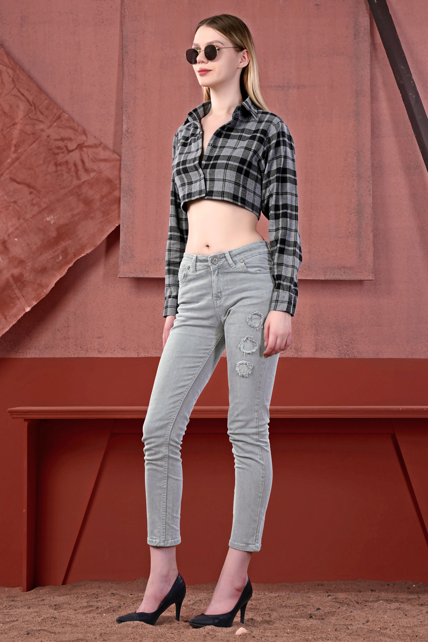 Venus Gray and Tealish Black Flannel Plaid Crop Shirt