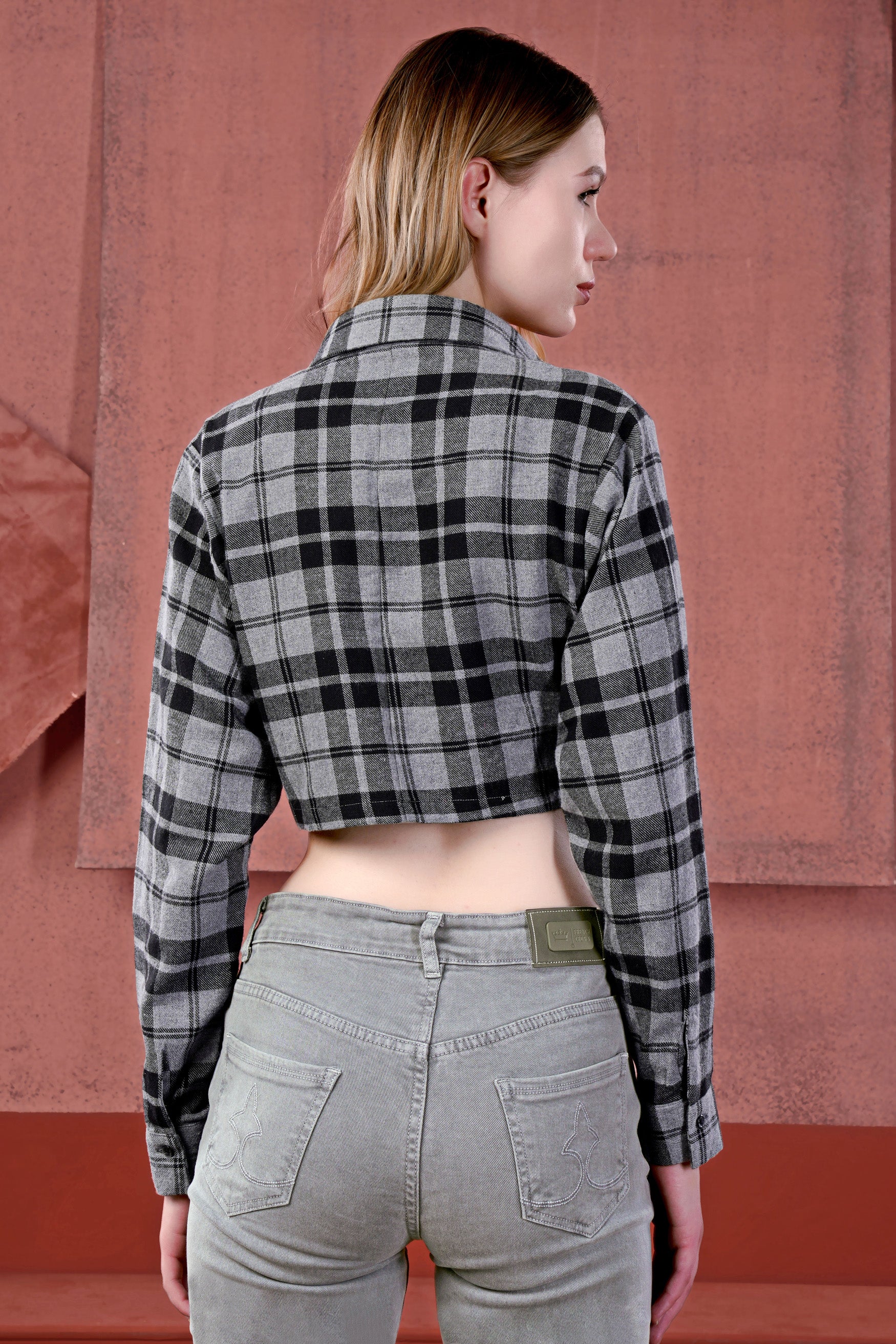 Venus Gray and Tealish Black Flannel Plaid Crop Shirt