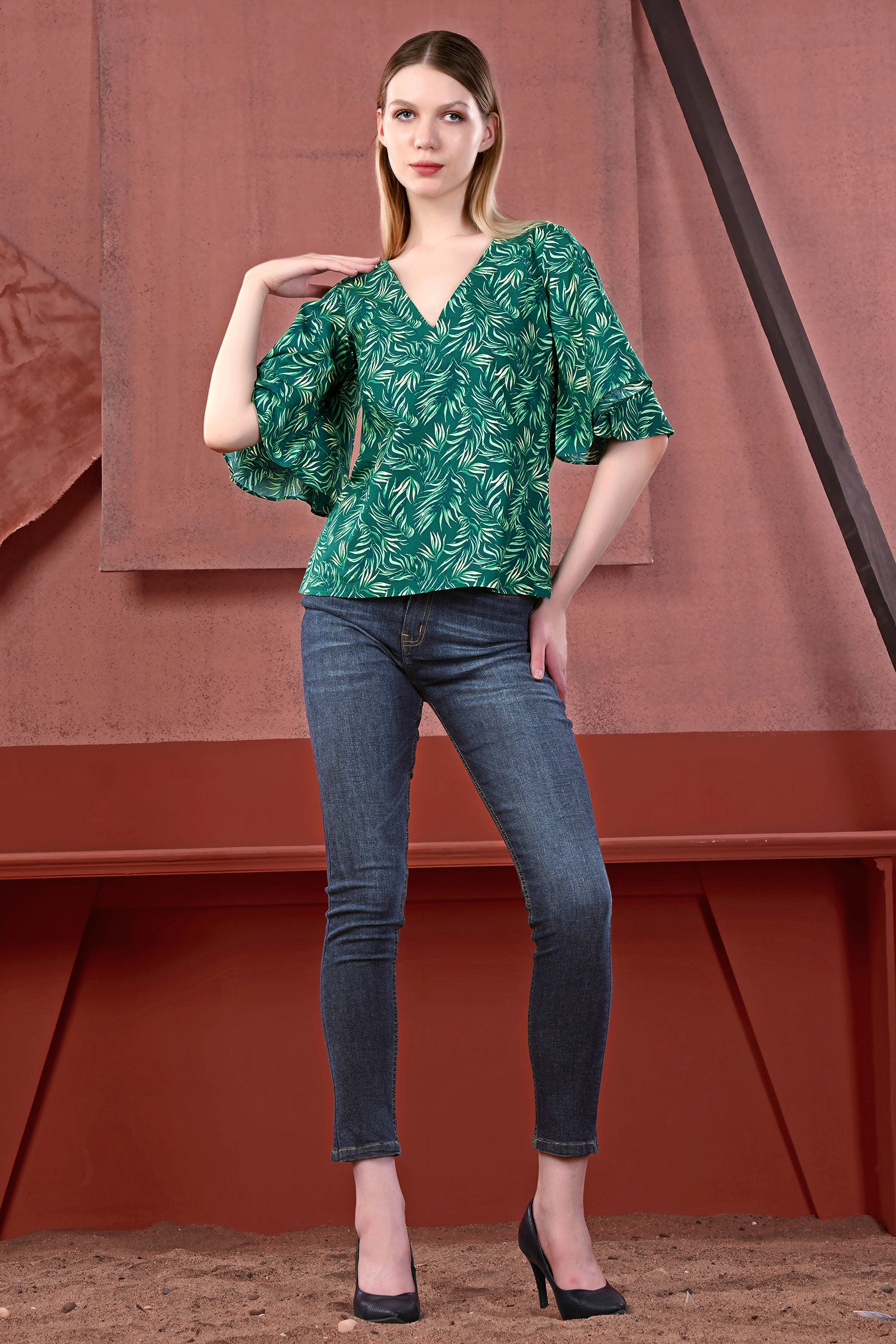Cyprus Green and Deep Teal Green Leaves Printed Bell Sleeves Premium Cotton V Neck Shirt