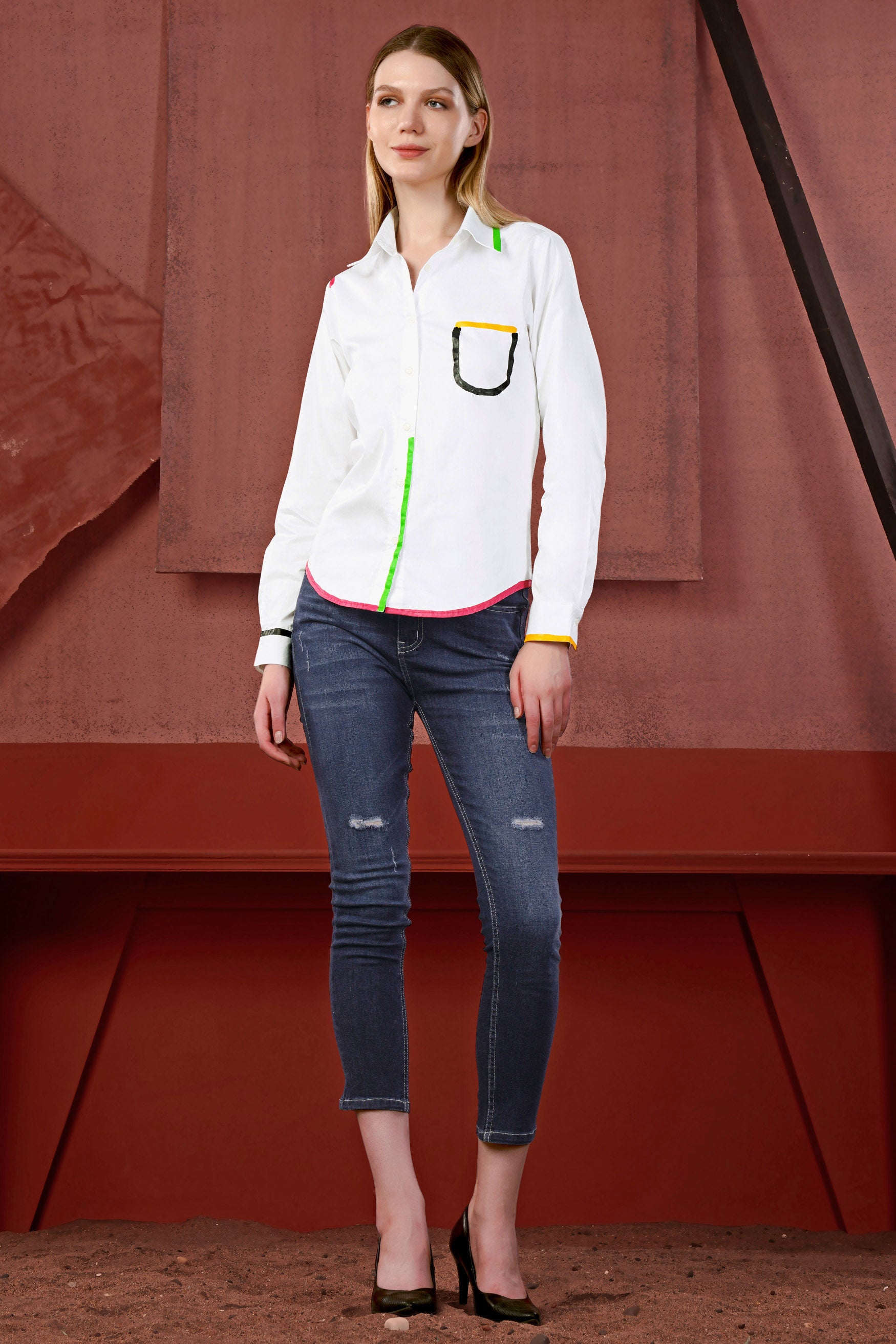 Bright White Multicolour Hand Painted Premium Cotton Designer Shirt