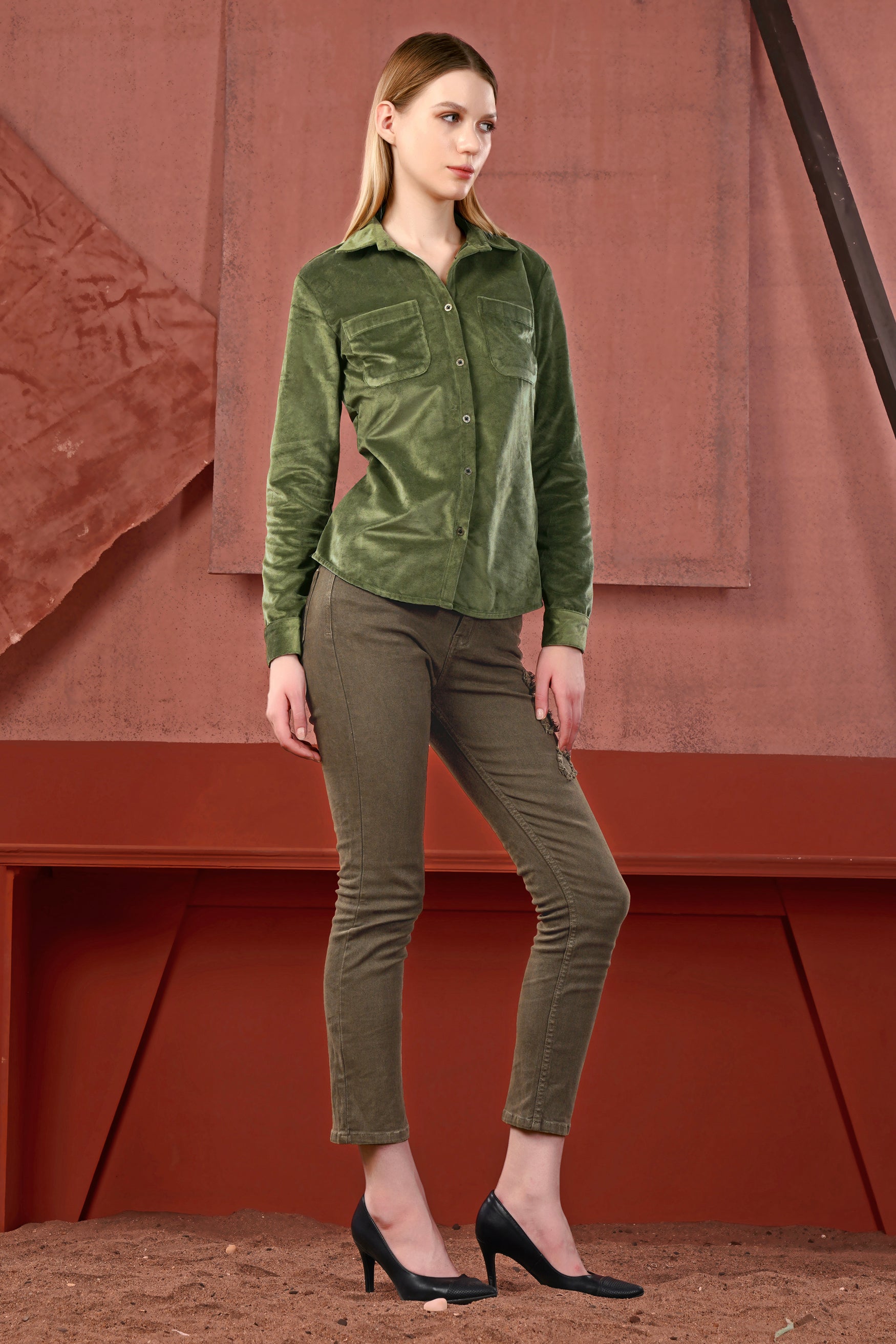 Kelp Green Velvet Designer Shirt