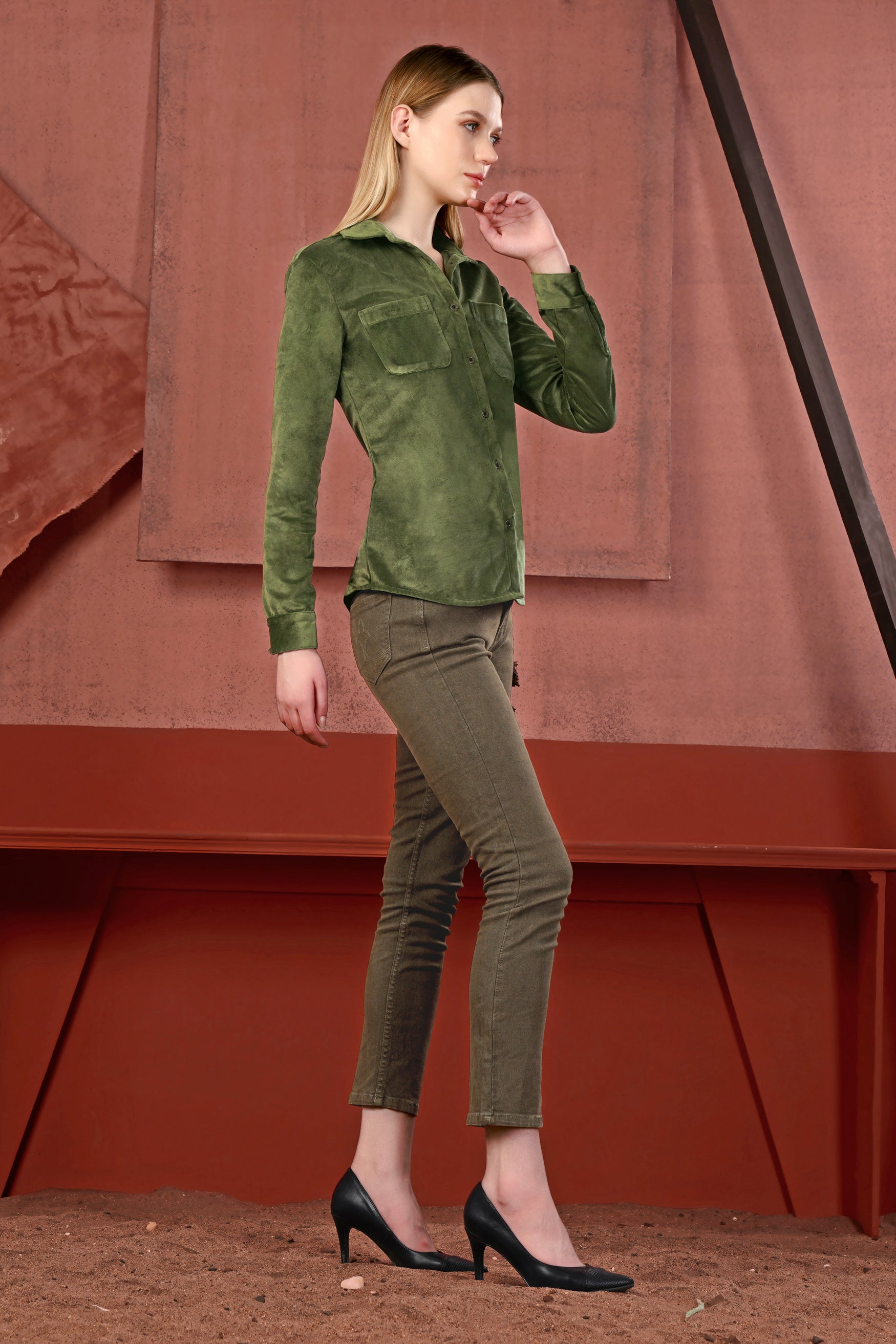 Kelp Green Velvet Designer Shirt