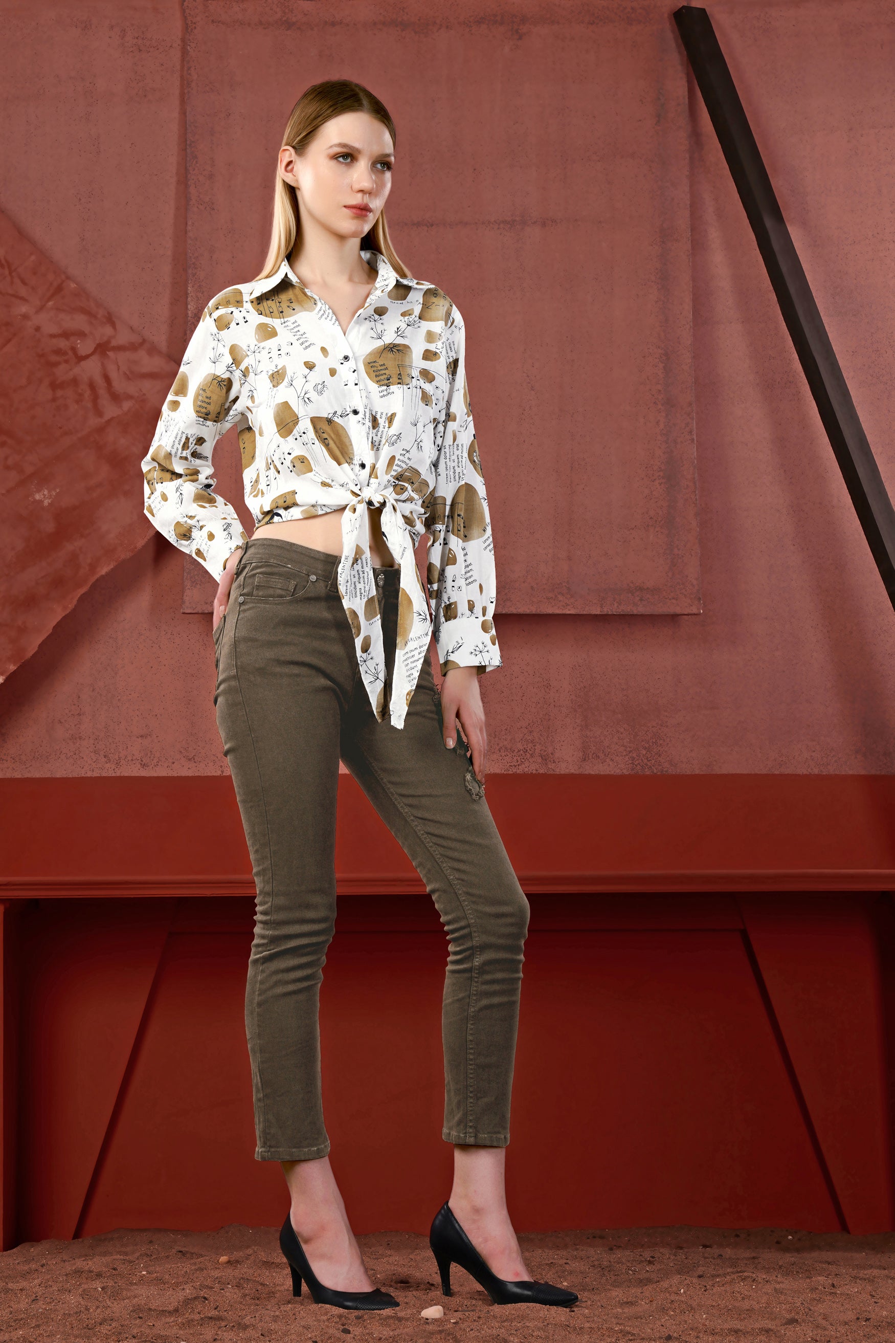 Bright White and Muesli Brown Abstract Printed Premium Tencel Tie Up Style Crop Shirt