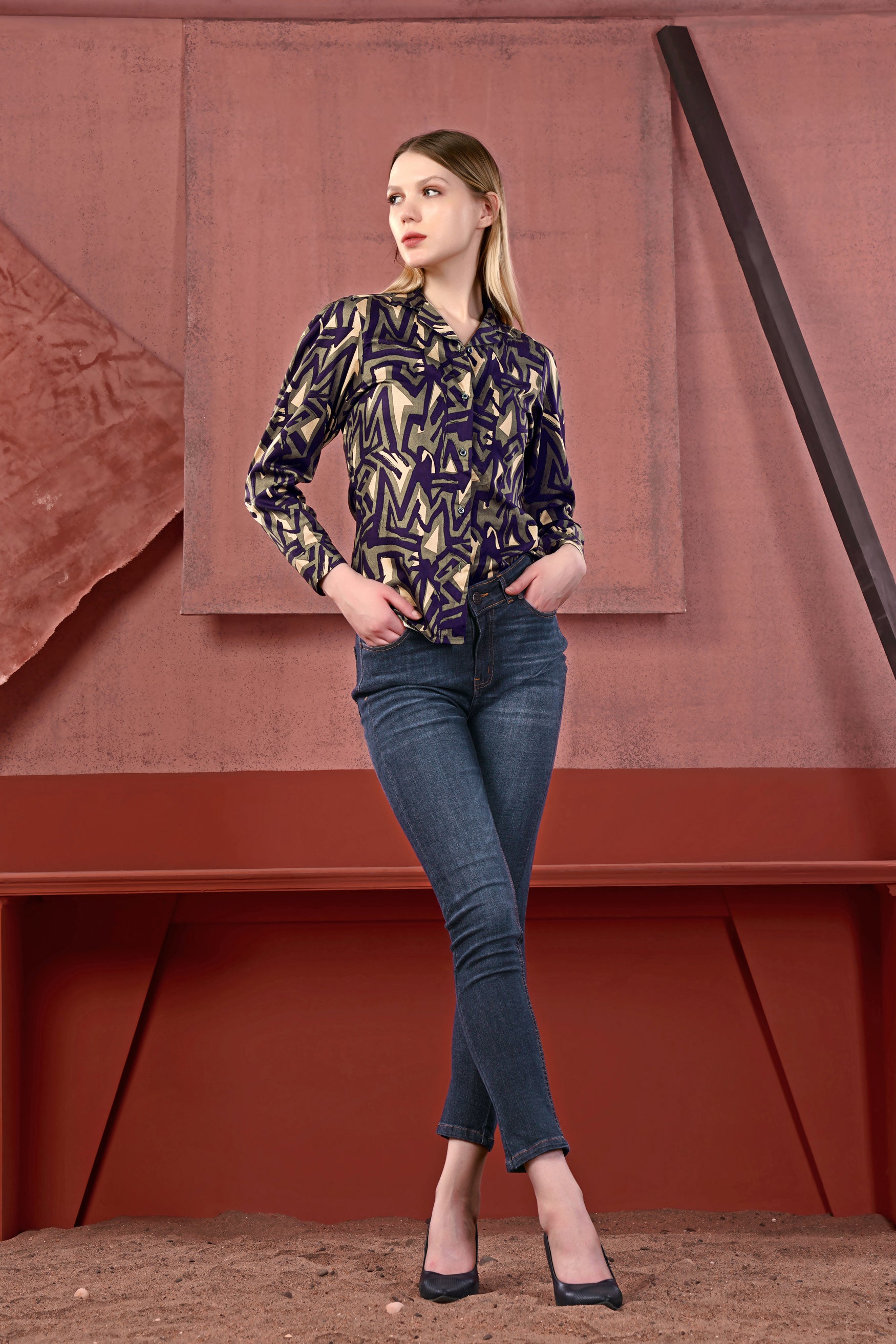 Makara Brown and Haiti Blue Abstract Printed Premium Cotton Shirt