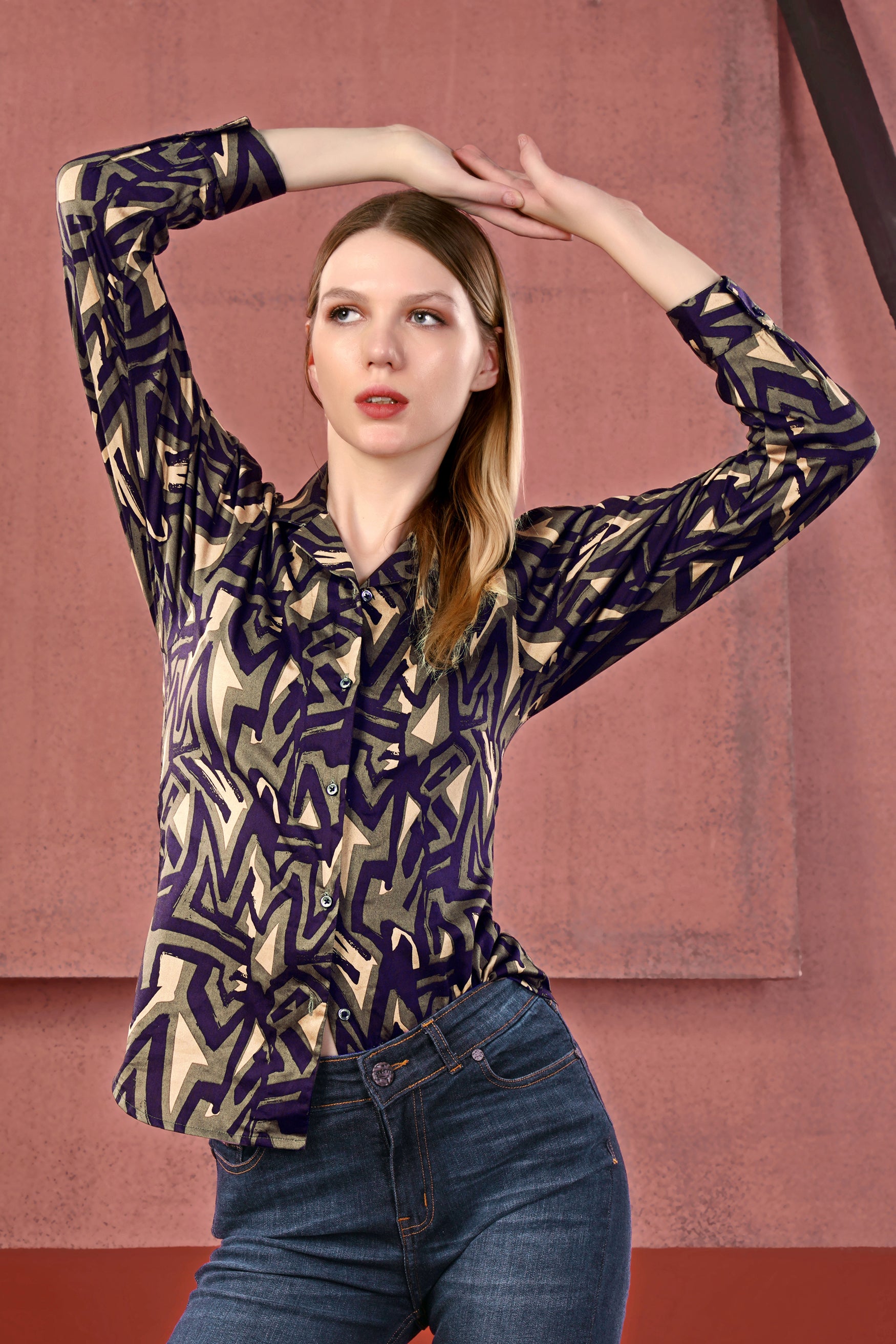 Makara Brown and Haiti Blue Abstract Printed Premium Cotton Shirt