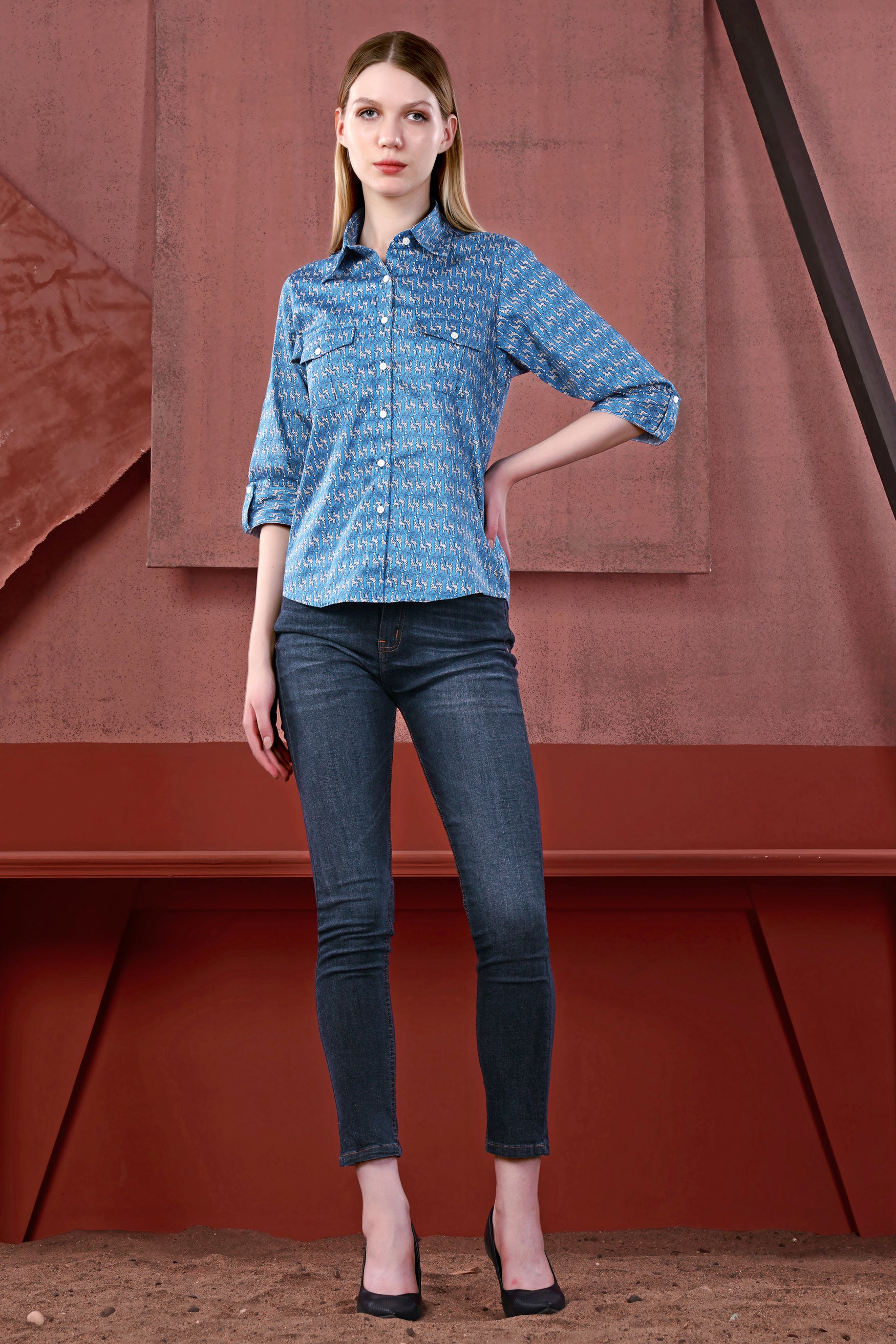 Peacock Blue and Bright White Giraffes Printed Premium Cotton Designer Shirt