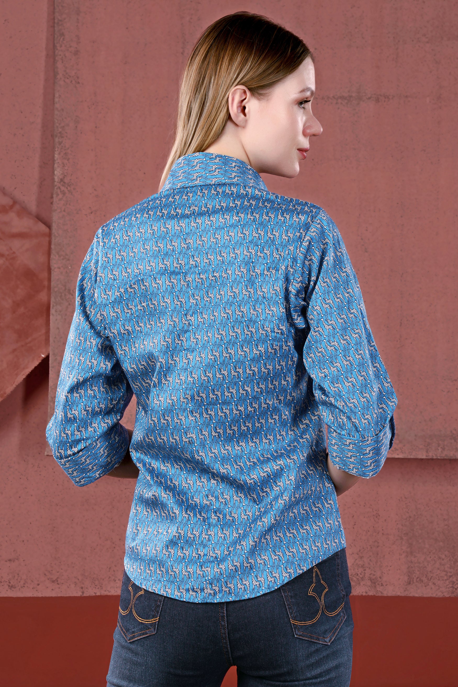 Peacock Blue and Bright White Giraffes Printed Premium Cotton Designer Shirt