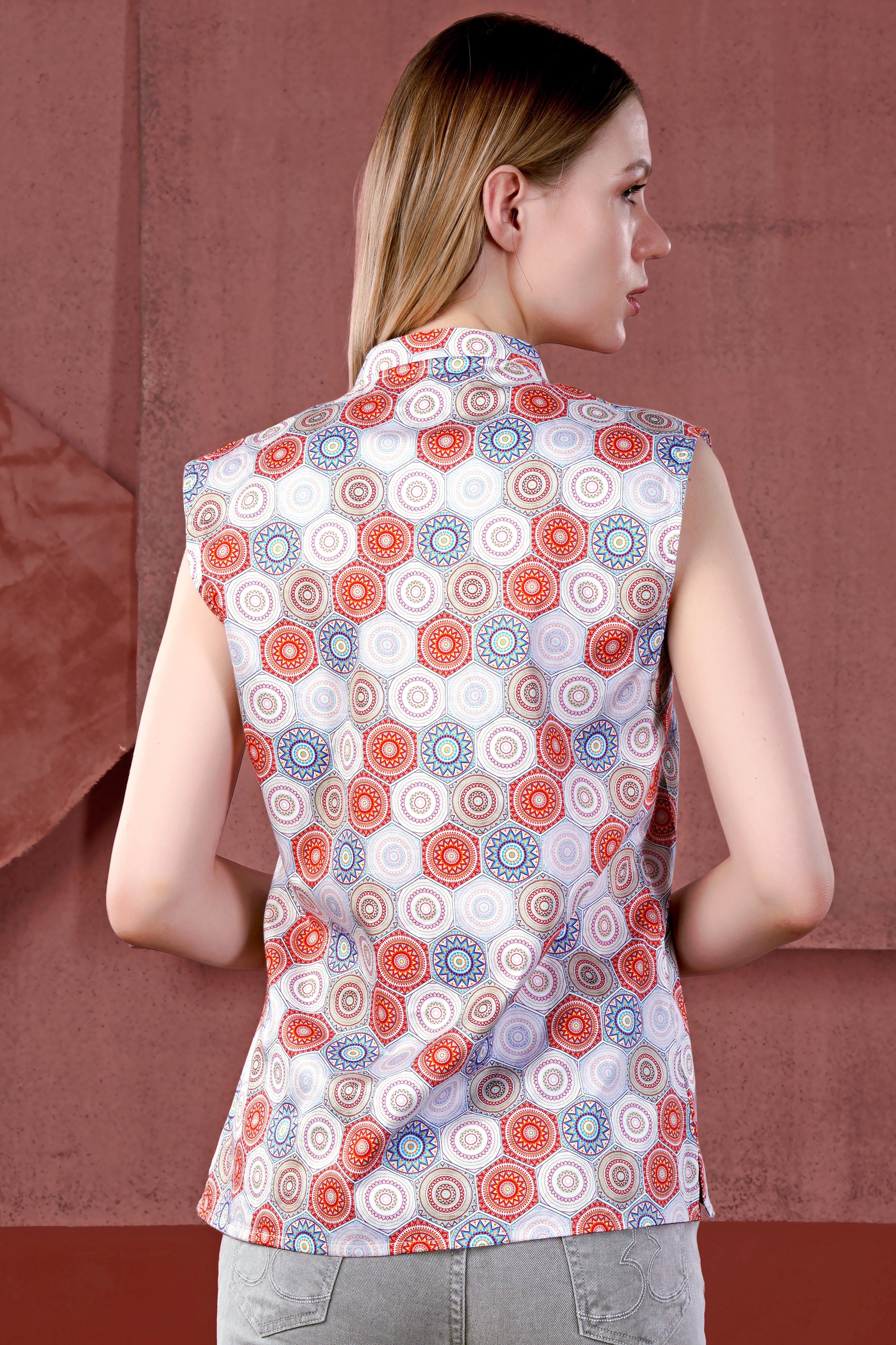 Merlot Red and White Multicolour Hexagonal Printed Premium Cotton Sleeveless Shirt