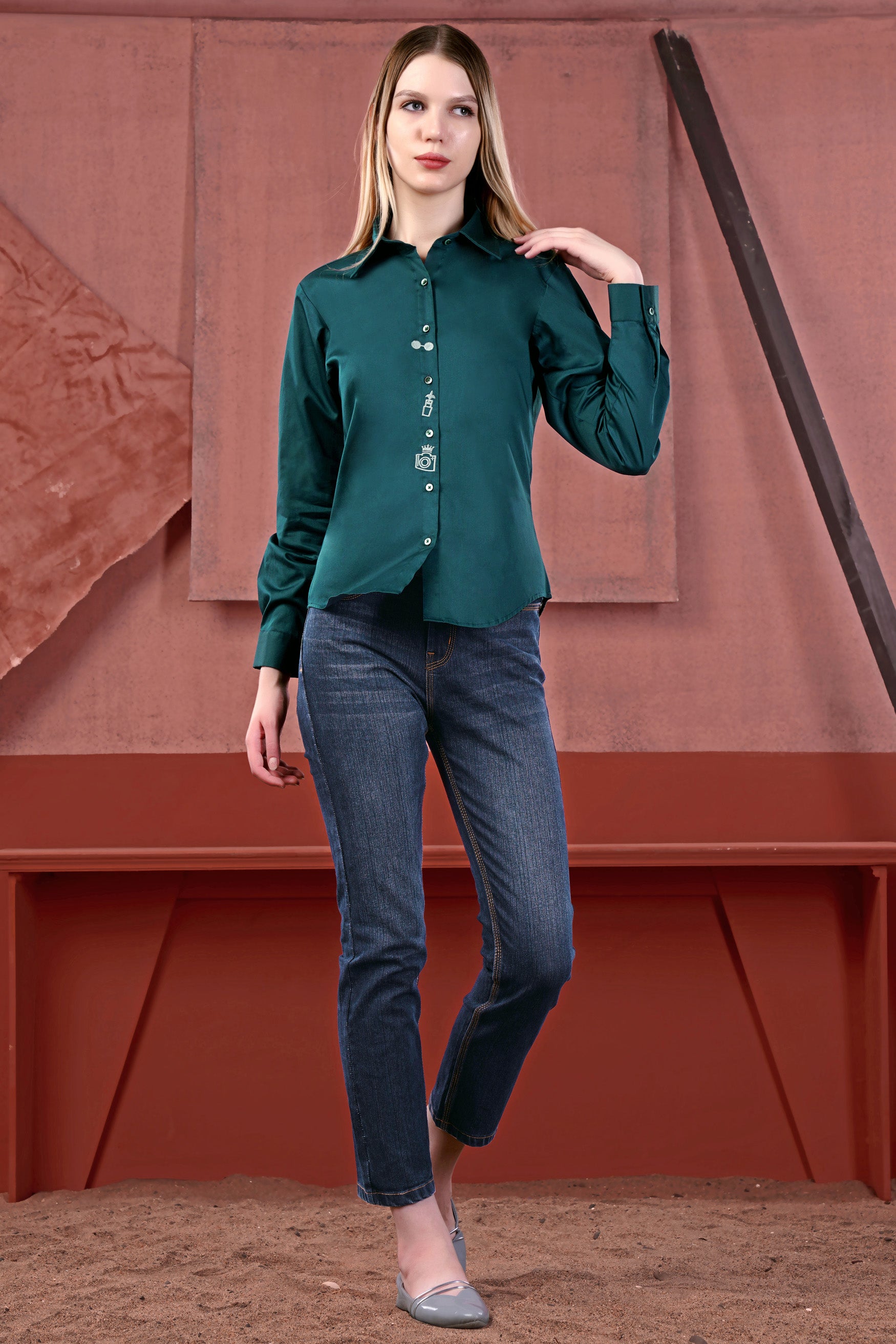 Nile Blue Elements Embroidered Premium Cotton Shirt