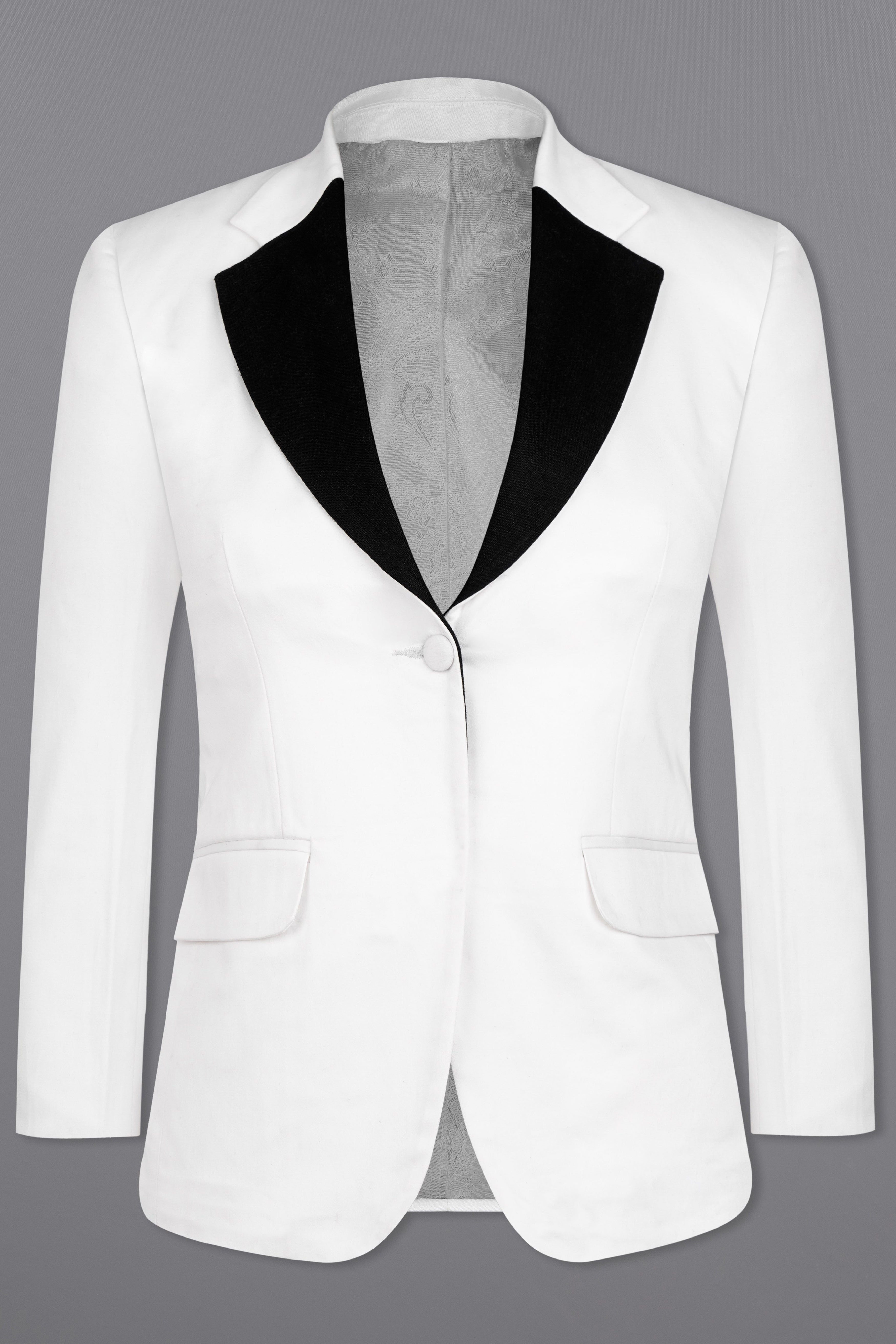 Bright White with Black Patch Collar Premium Cotton Women's Suit