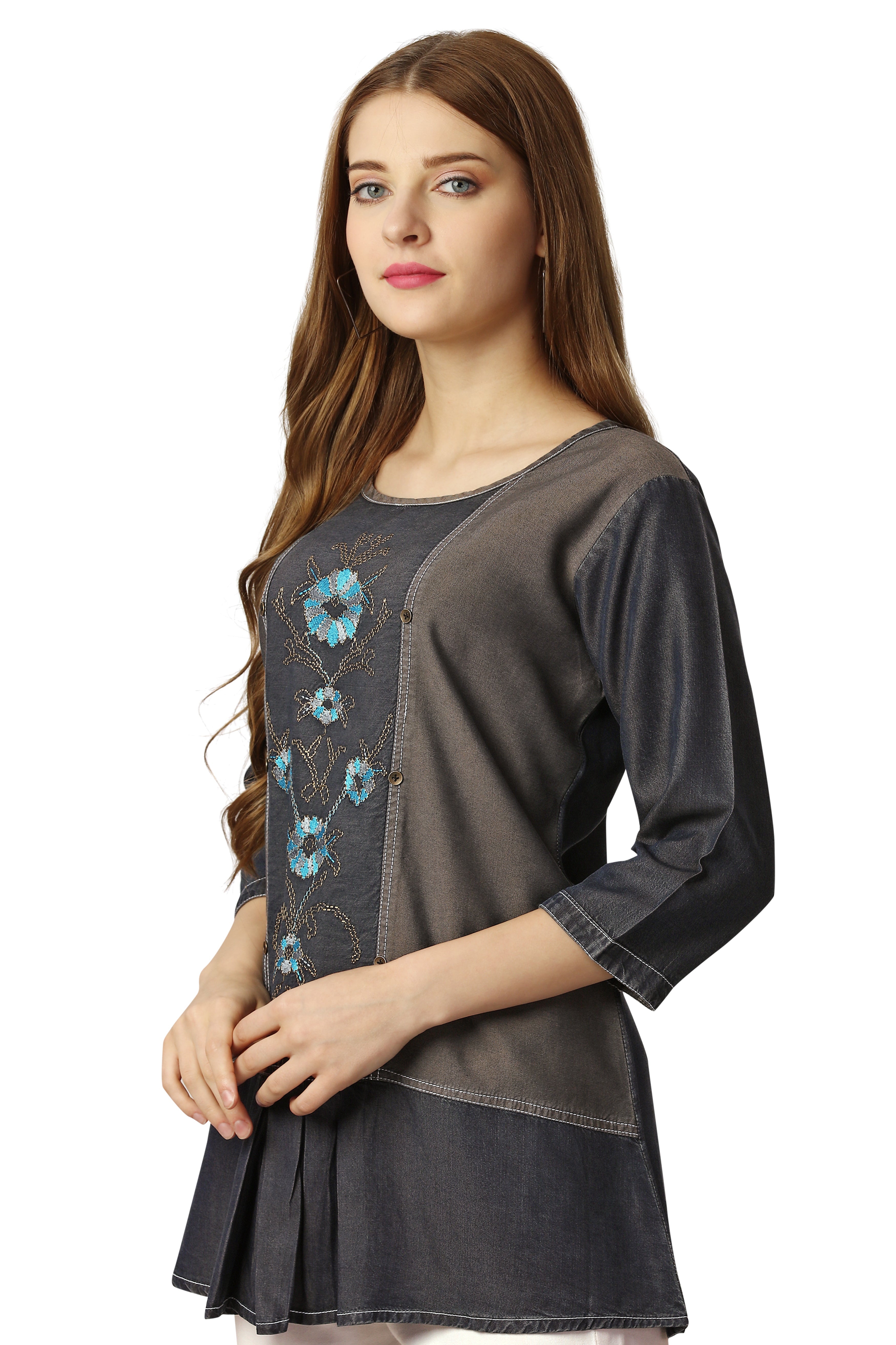 Sandstone Brown and Iridium Gray Denim Top