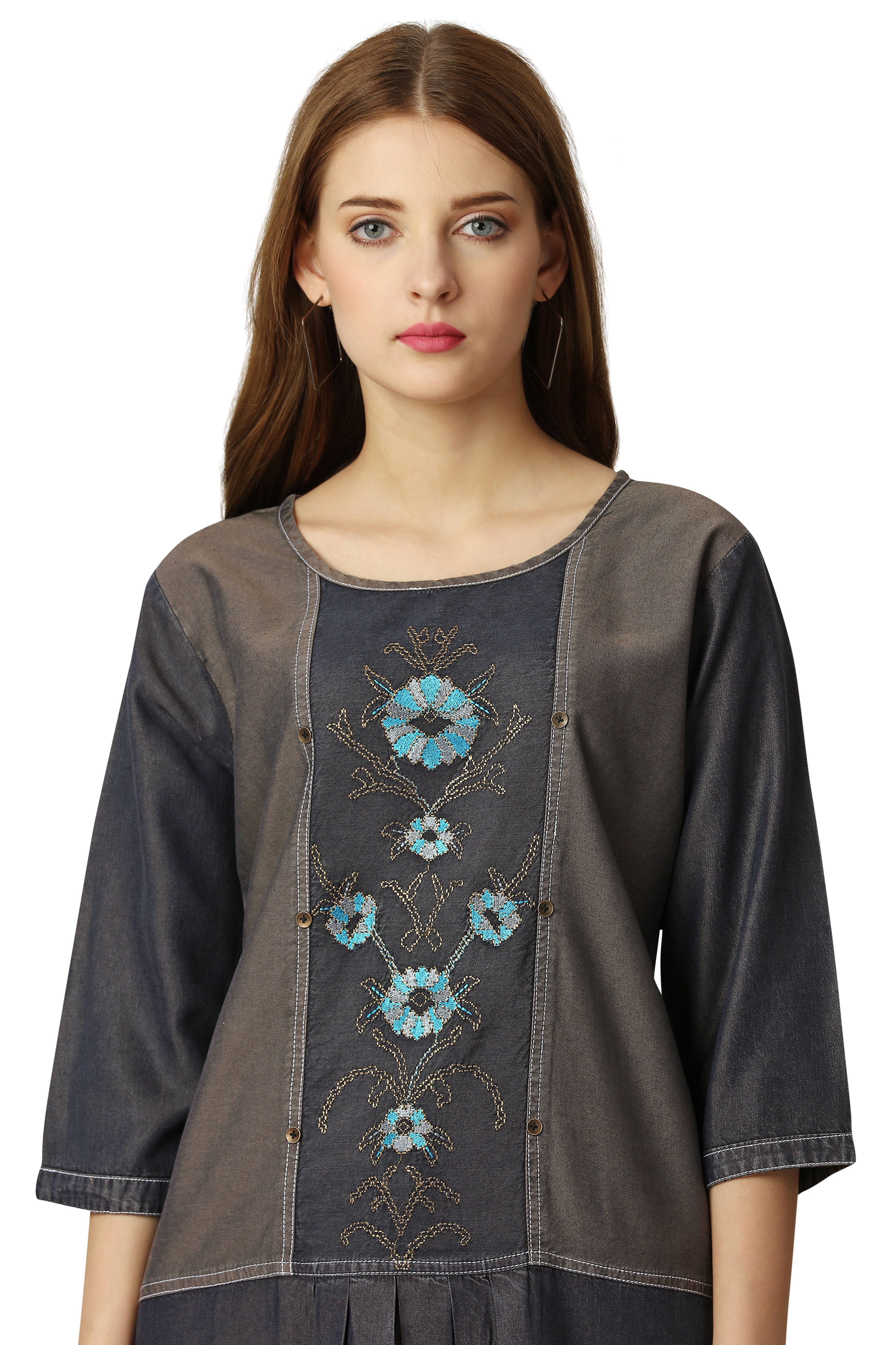 Sandstone Brown and Iridium Gray Denim Top