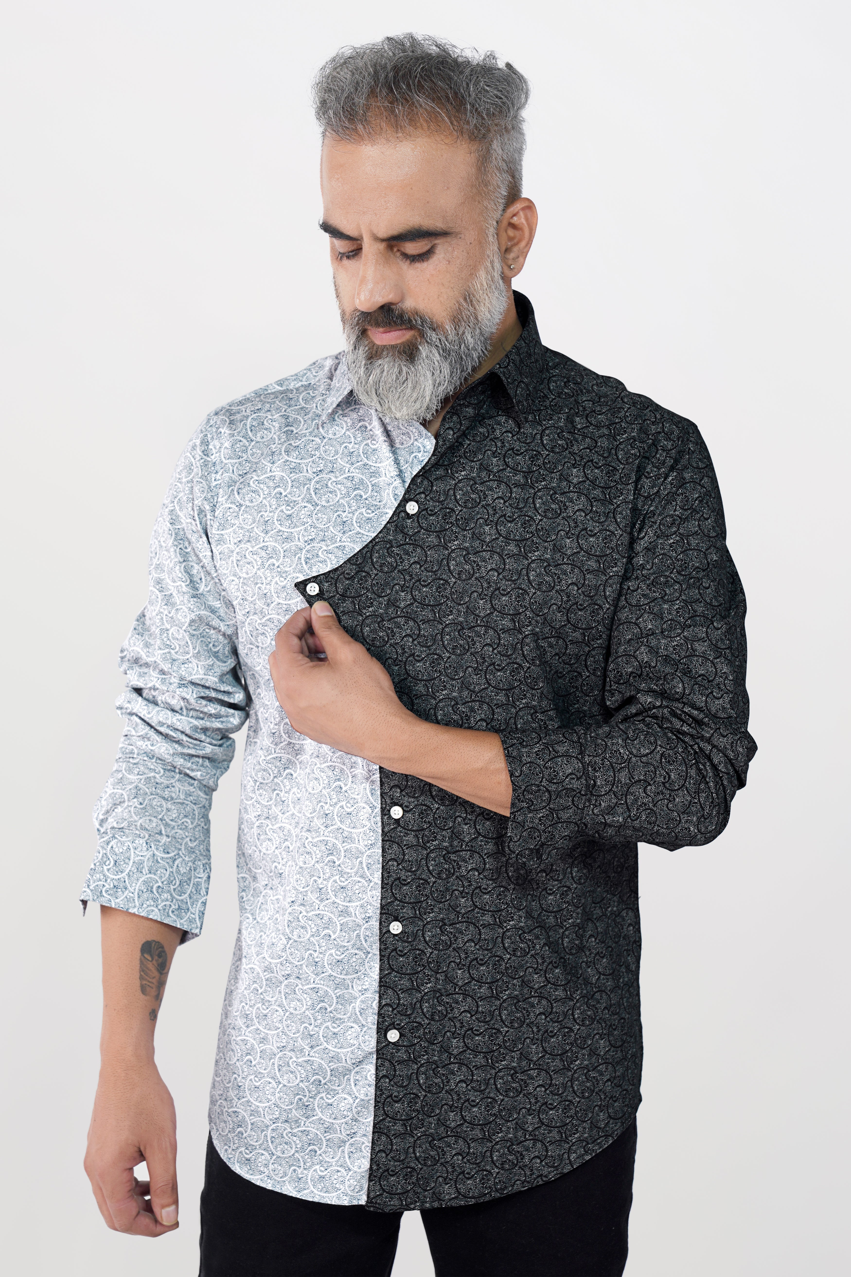 Half Lagoon Blue and Half Black Paisley Printed Super Soft Premium Cotton Designer Shirt