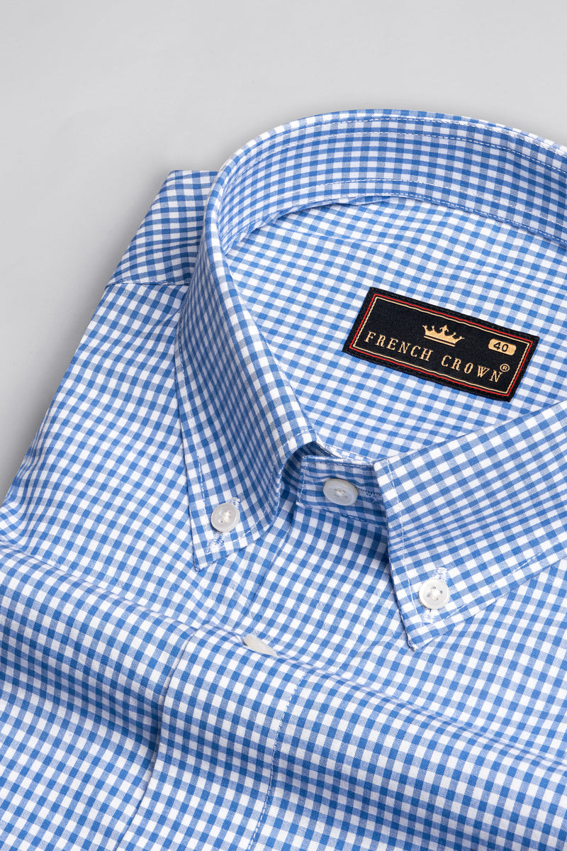 Carolina Blue and White Gingham Checkered Twill Premium Cotton Shirt