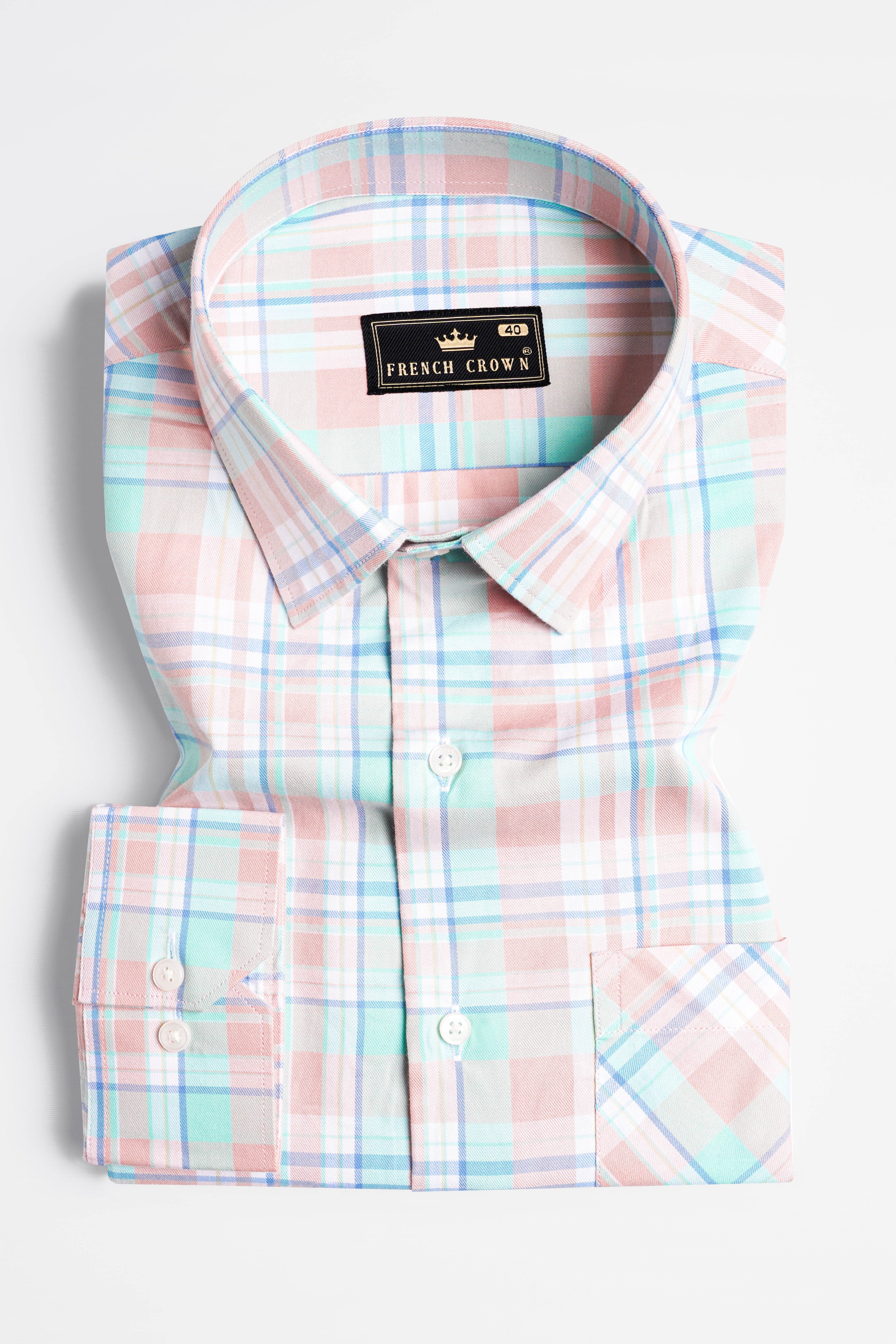 Oyster Pink with Mint Tulip Green Twill Plaid Premium Cotton Shirt