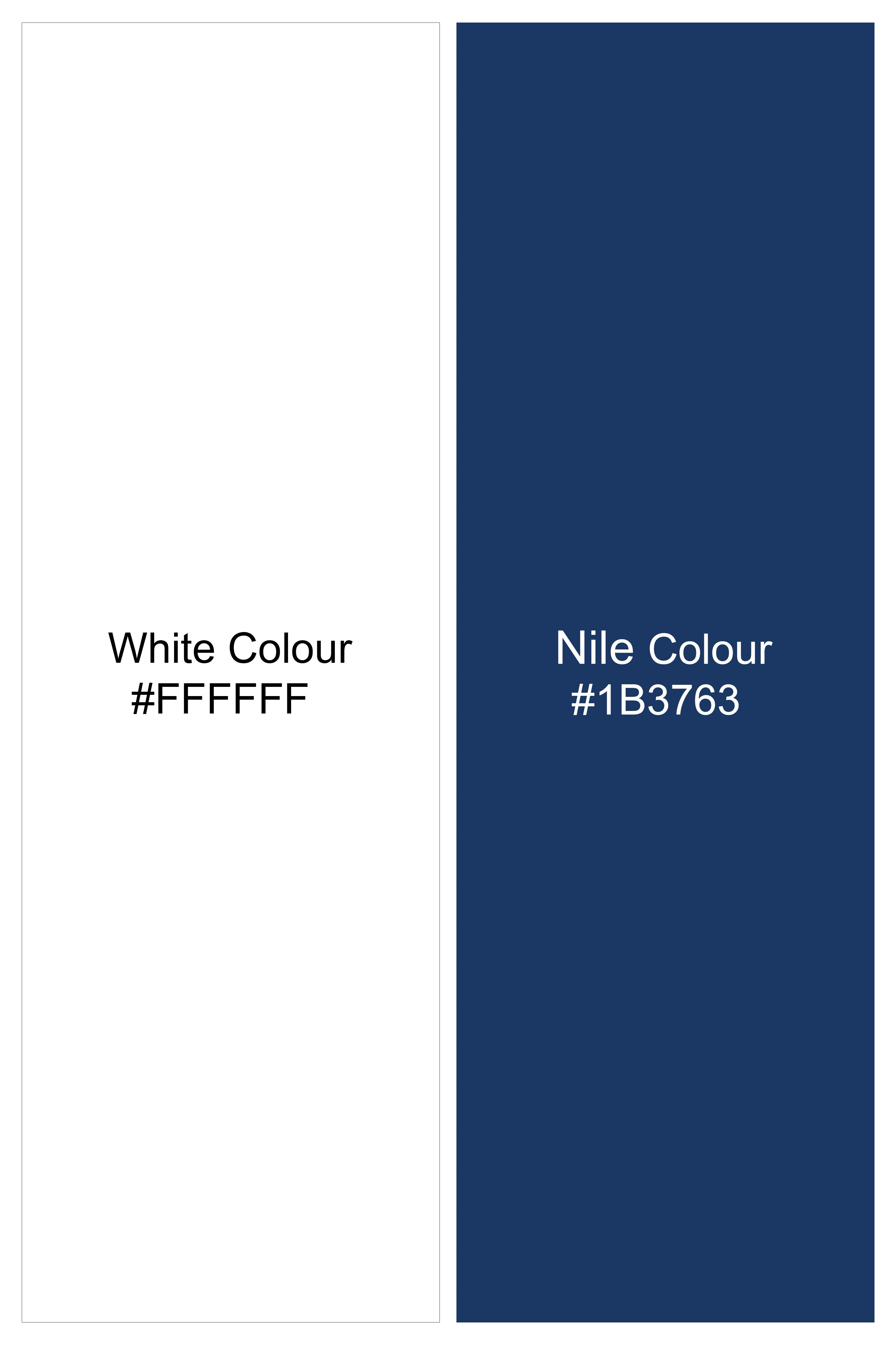 Bright White and Nile Blue Leaves Printed Premium Cotton Kurta Shirt