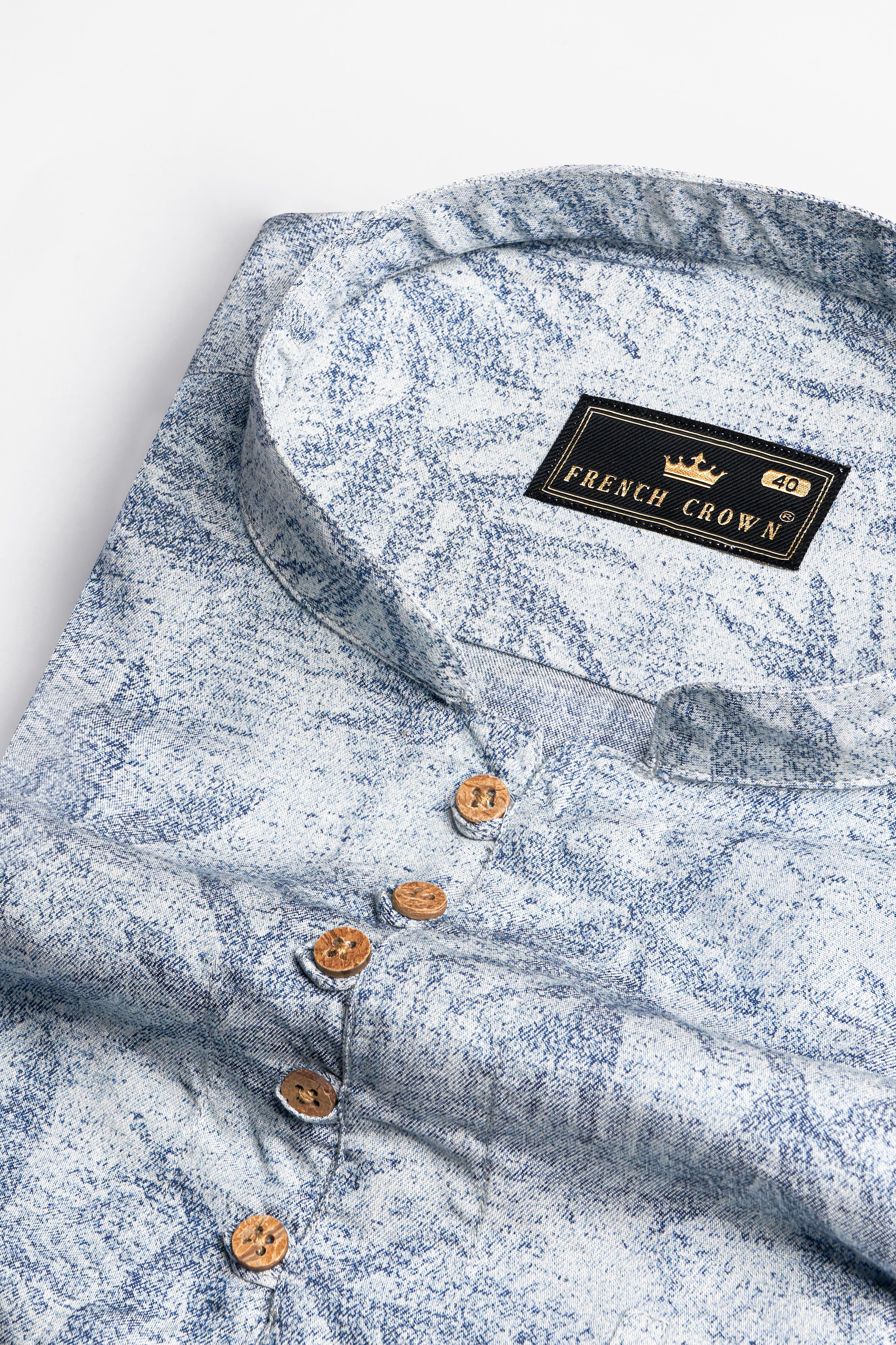 Bright White and Nile Blue Leaves Printed Premium Cotton Kurta Shirt