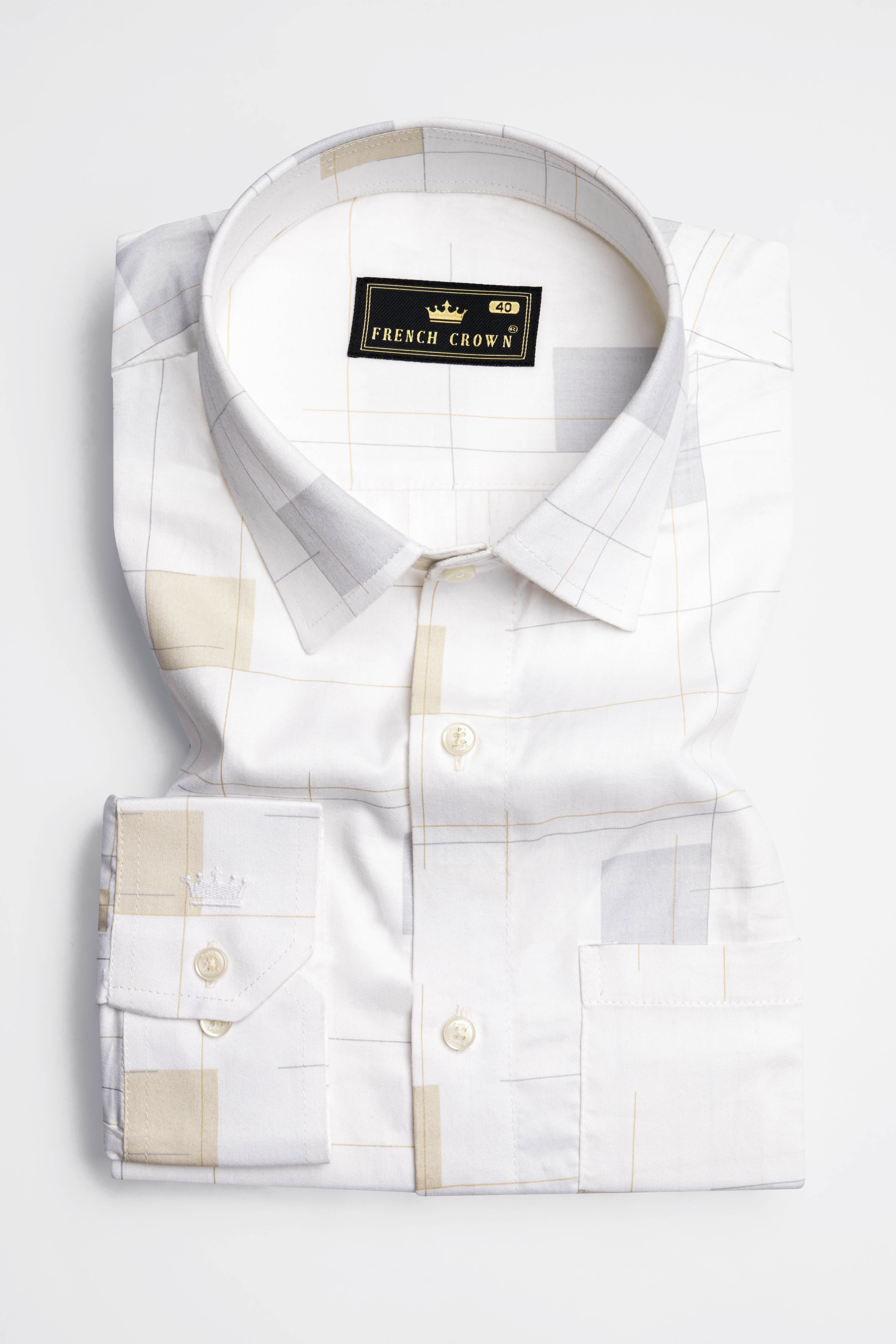 Bright White with Periglacial Beige Checked Jacquard Textured Premium Giza Cotton Shirt