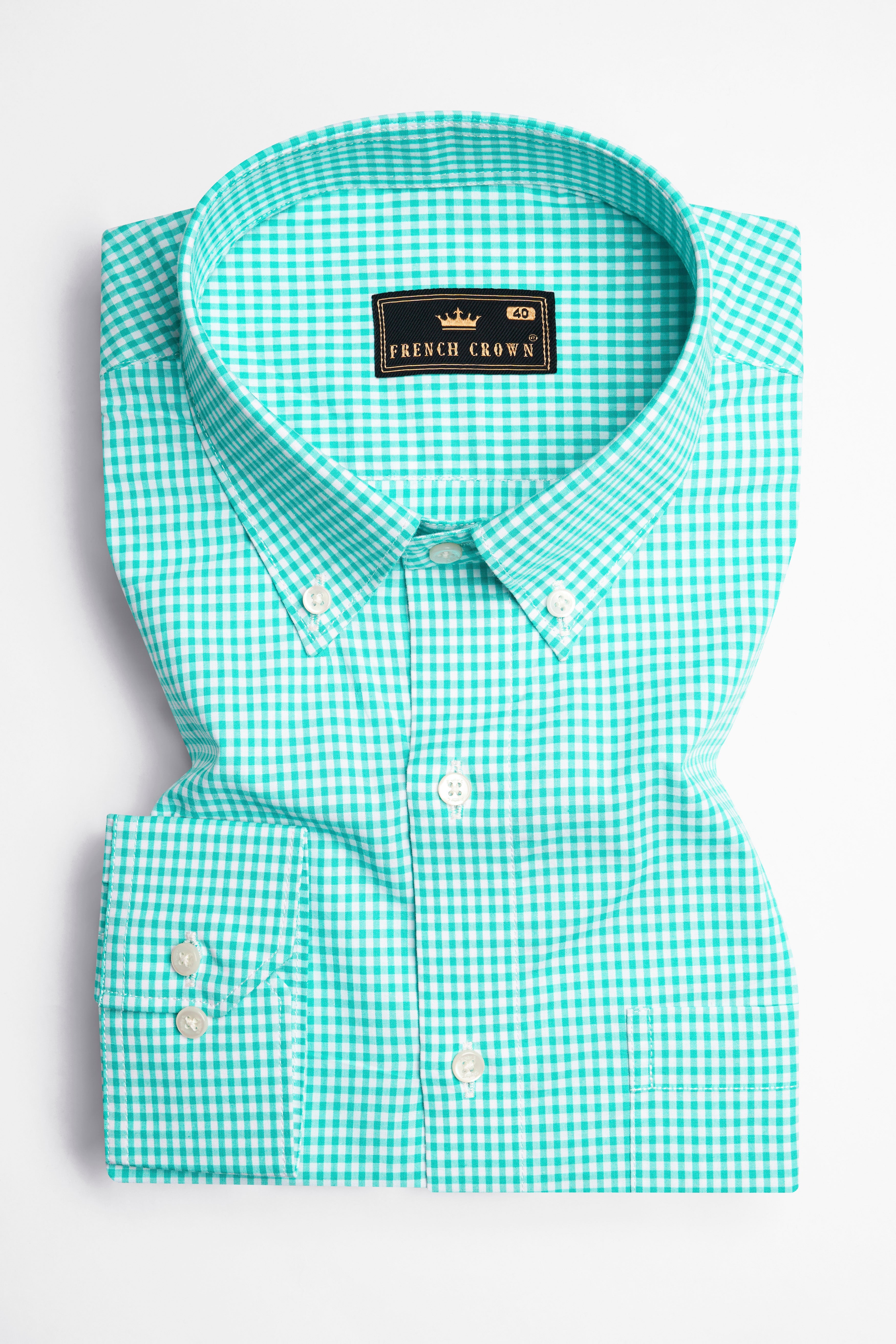 Turquoise Green with Bright White Gingham Checkered Premium Cotton Button Down Shirt