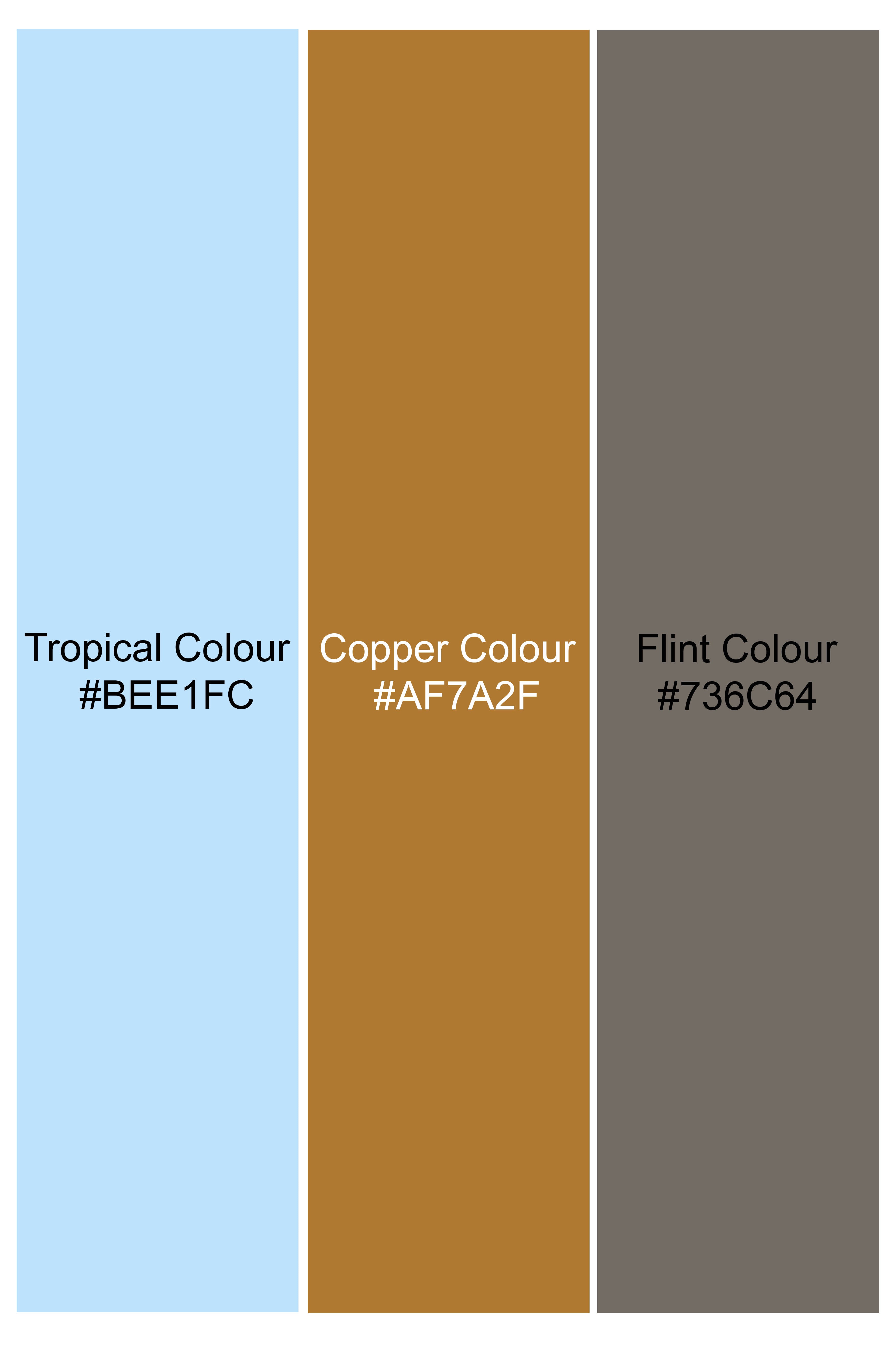 Tropical Blue and Copper Brown Ikat Printed Chambray Shirt