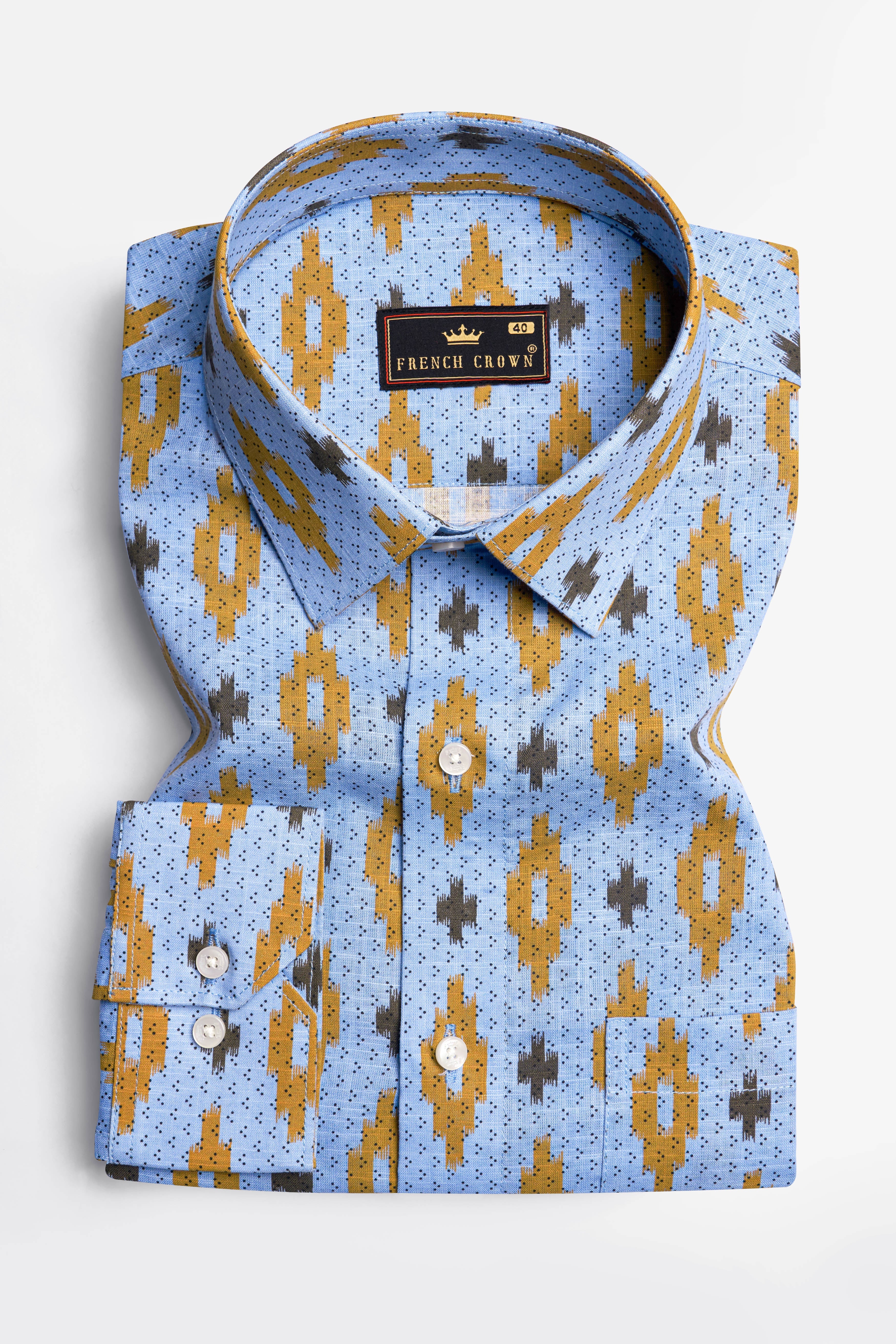 Tropical Blue and Copper Brown Ikat Printed Chambray Shirt