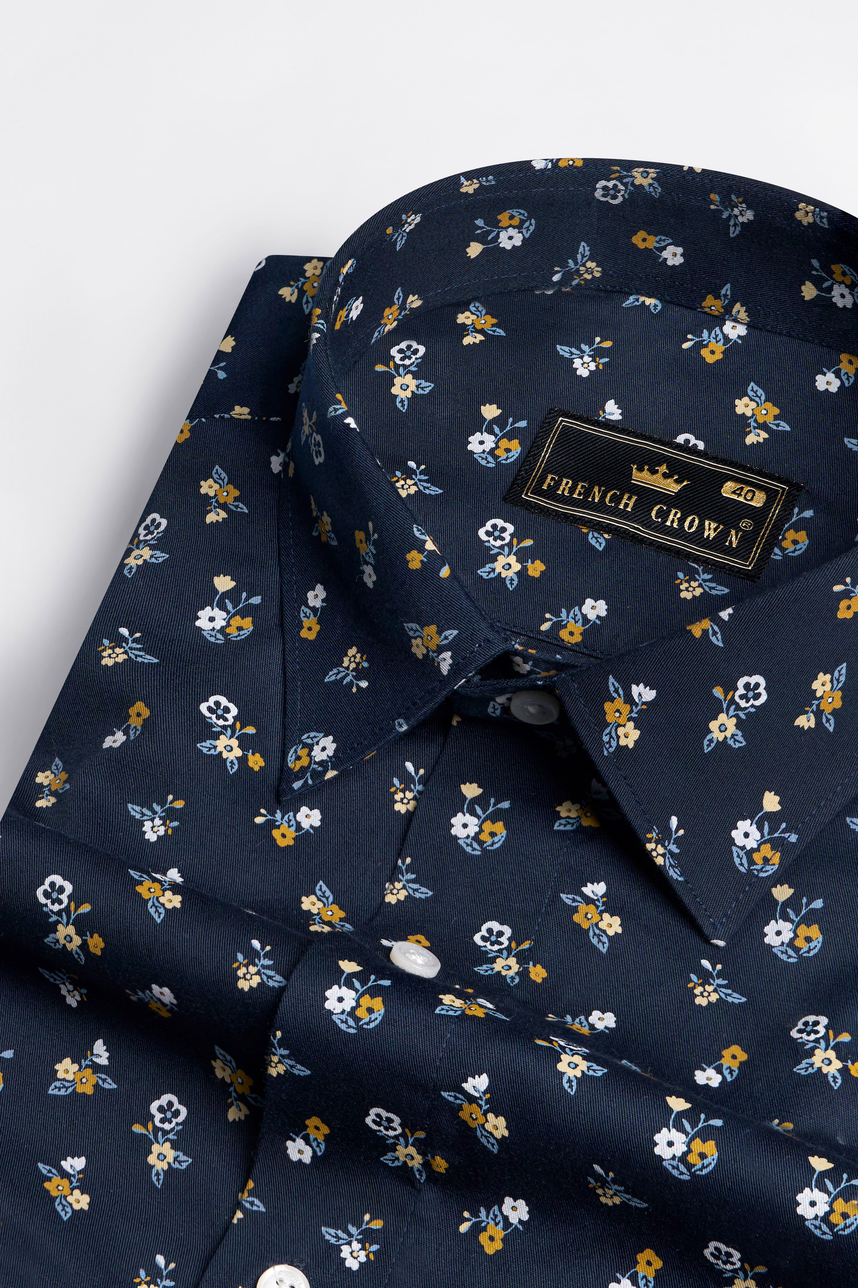 Ebony Clay Blue Ditsy Printed Twill Premium Cotton Shirt