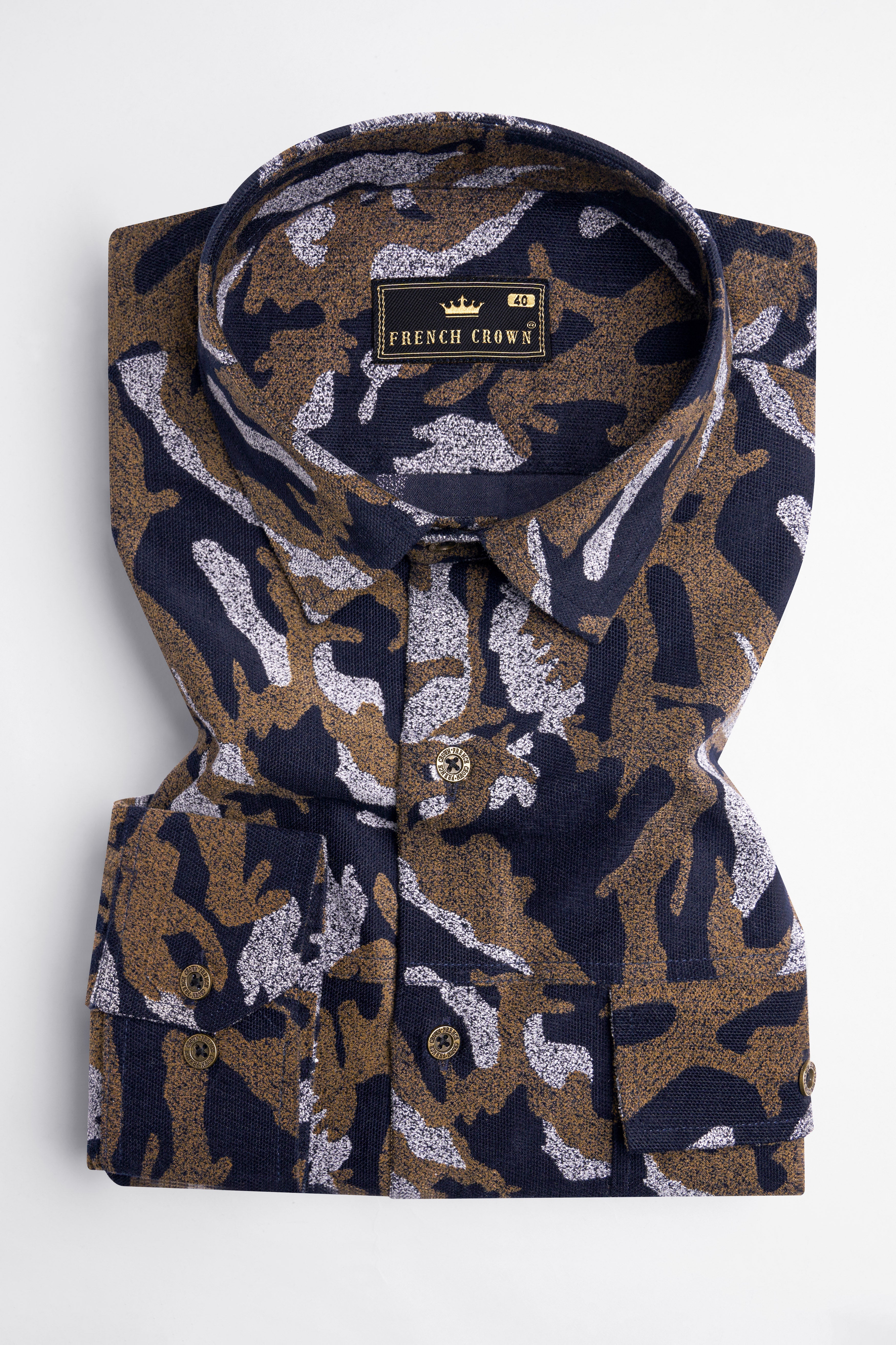 Medium Taupe Brown with Haiti Blue Printed Corduroy Overshirt