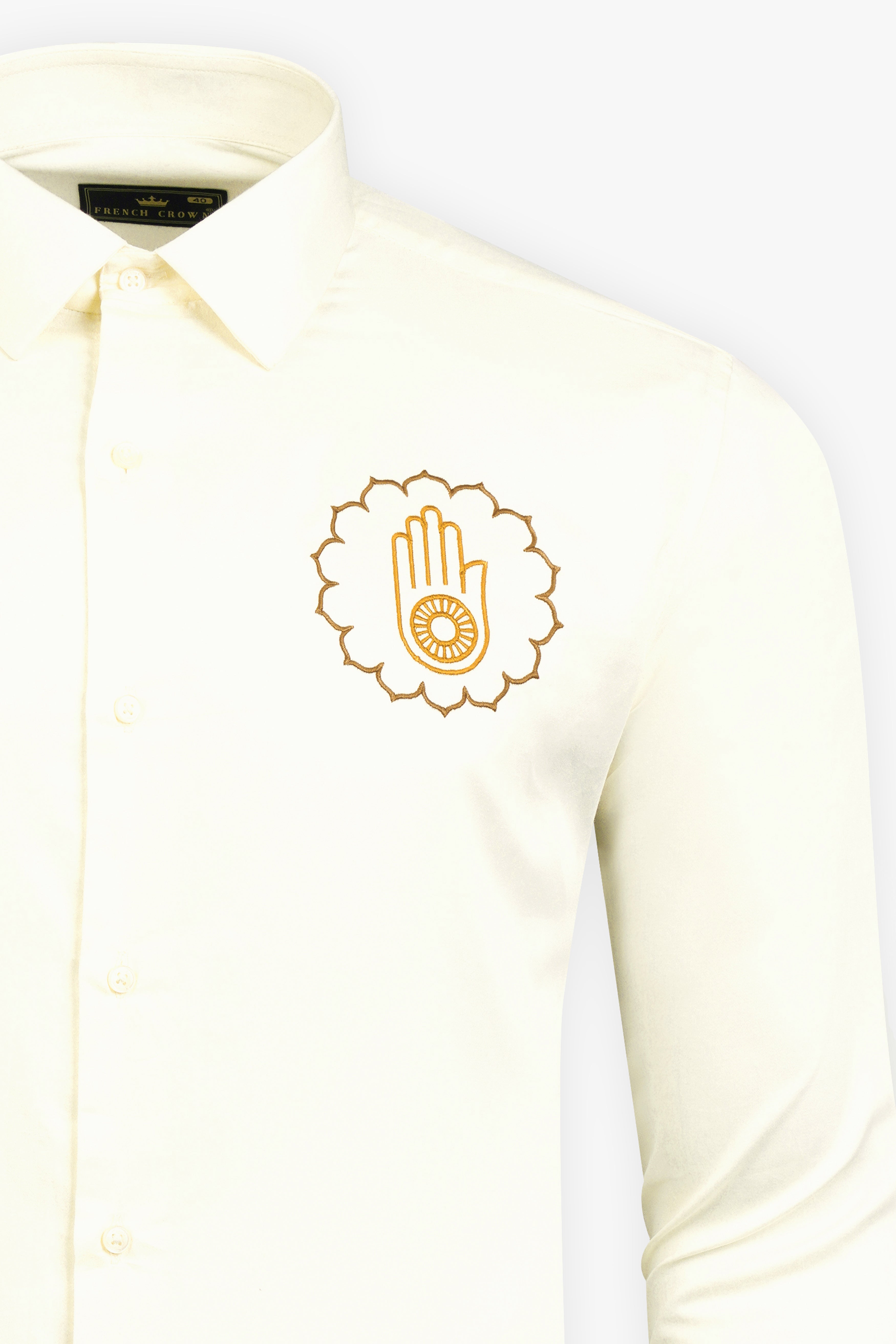 Fantasy Cream Jain Ahimsa Symbol Embroidered Subtle Sheen Super Soft Premium Cotton Designer Shirt 11935-E304-38, 11935-E304-H-38, 11935-E304-39, 11935-E304-H-39, 11935-E304-40, 11935-E304-H-40, 11935-E304-42, 11935-E304-H-42, 11935-E304-44, 11935-E304-H-44, 11935-E304-46, 11935-E304-H-46, 11935-E304-48, 11935-E304-H-48, 11935-E304-50, 11935-E304-H-50, 11935-E304-52, 11935-E304-H-52