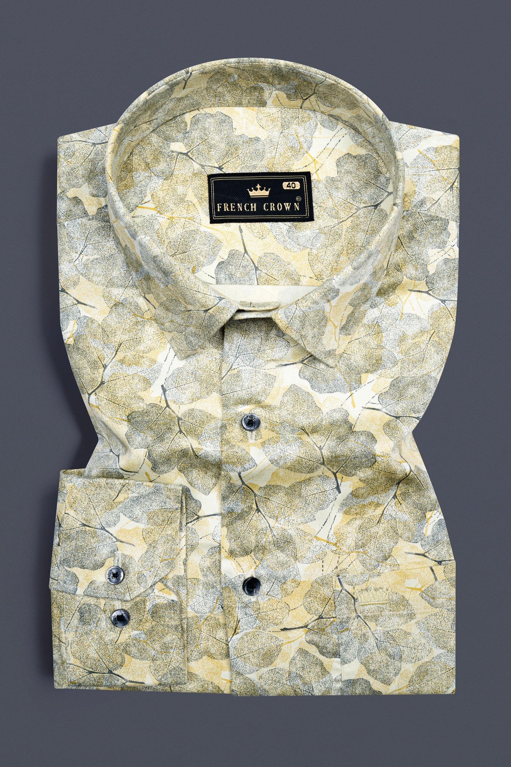 Putty Yellow Leaves Printed Subtle Sheen Super Soft Premium Cotton designer Shirt 12408-BLK-38, 12408-BLK-H-38, 12408-BLK-39, 12408-BLK-H-39, 12408-BLK-40, 12408-BLK-H-40, 12408-BLK-42, 12408-BLK-H-42, 12408-BLK-44, 12408-BLK-H-44, 12408-BLK-46, 12408-BLK-H-46, 12408-BLK-48, 12408-BLK-H-48, 12408-BLK-50, 12408-BLK-H-50, 12408-BLK-52, 12408-BLK-H-52