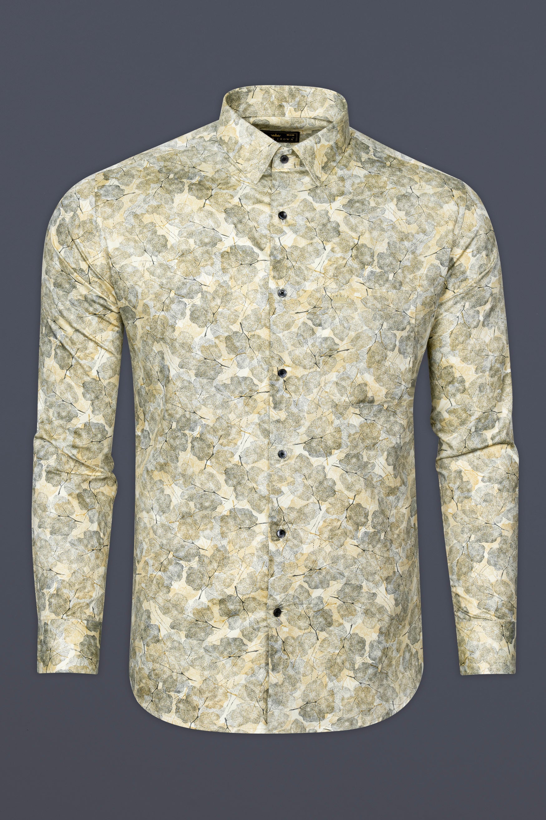 Putty Yellow Leaves Printed Subtle Sheen Super Soft Premium Cotton designer Shirt 12408-BLK-38, 12408-BLK-H-38, 12408-BLK-39, 12408-BLK-H-39, 12408-BLK-40, 12408-BLK-H-40, 12408-BLK-42, 12408-BLK-H-42, 12408-BLK-44, 12408-BLK-H-44, 12408-BLK-46, 12408-BLK-H-46, 12408-BLK-48, 12408-BLK-H-48, 12408-BLK-50, 12408-BLK-H-50, 12408-BLK-52, 12408-BLK-H-52