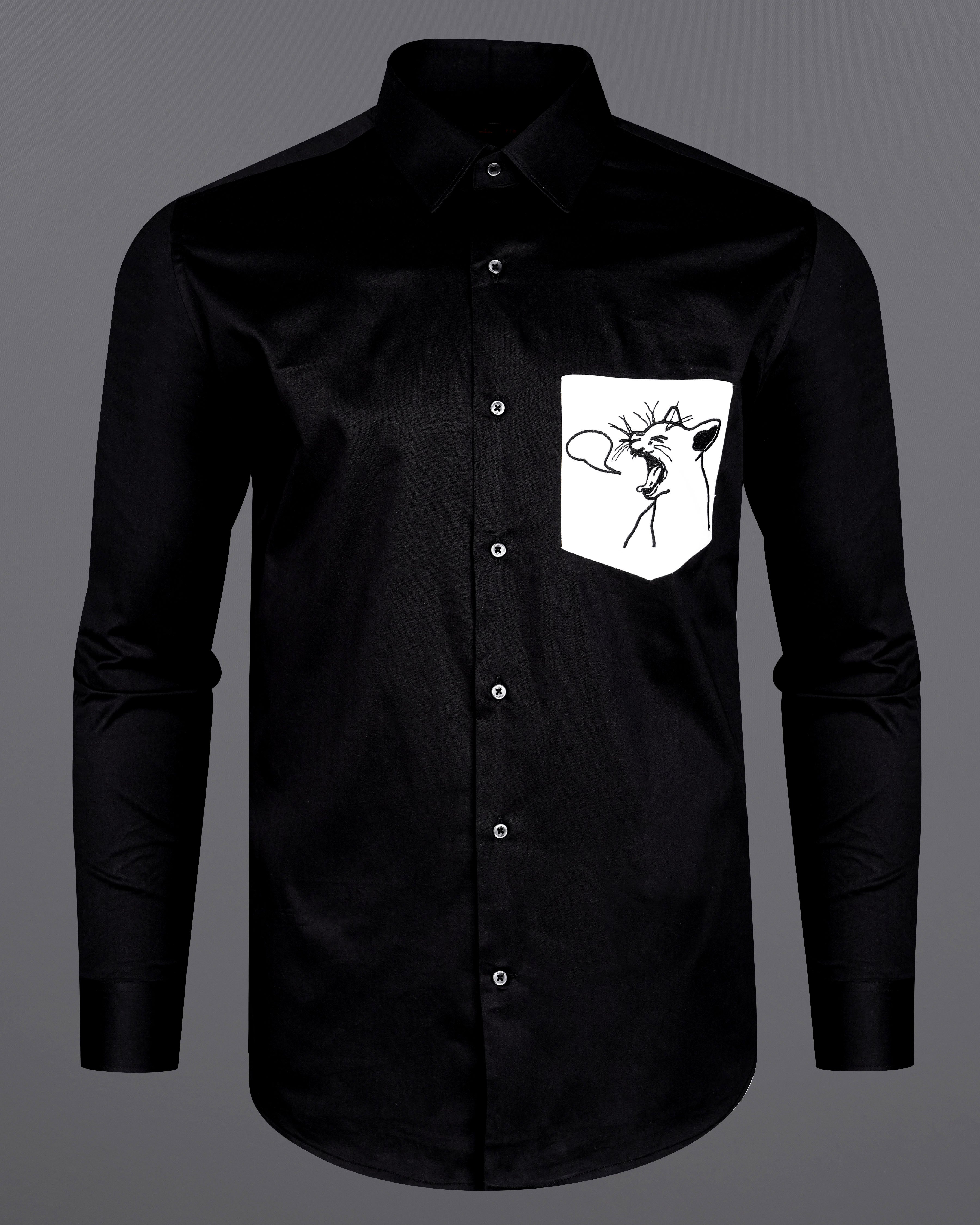 Jade Black With White Patch Pocket Cat Embroidered Super Soft Premium Cotton Shirt 1312-BLK-E001-38, 1312-BLK-E001-H-38, 1312-BLK-E001-39, 1312-BLK-E001-H-39, 1312-BLK-E001-40, 1312-BLK-E001-H-40, 1312-BLK-E001-42, 1312-BLK-E001-H-42, 1312-BLK-E001-44, 1312-BLK-E001-H-44, 1312-BLK-E001-46, 1312-BLK-E001-H-46, 1312-BLK-E001-48, 1312-BLK-E001-H-48, 1312-BLK-E001-50, 1312-BLK-E001-H-50, 1312-BLK-E001-52, 1312-BLK-E001-H-52