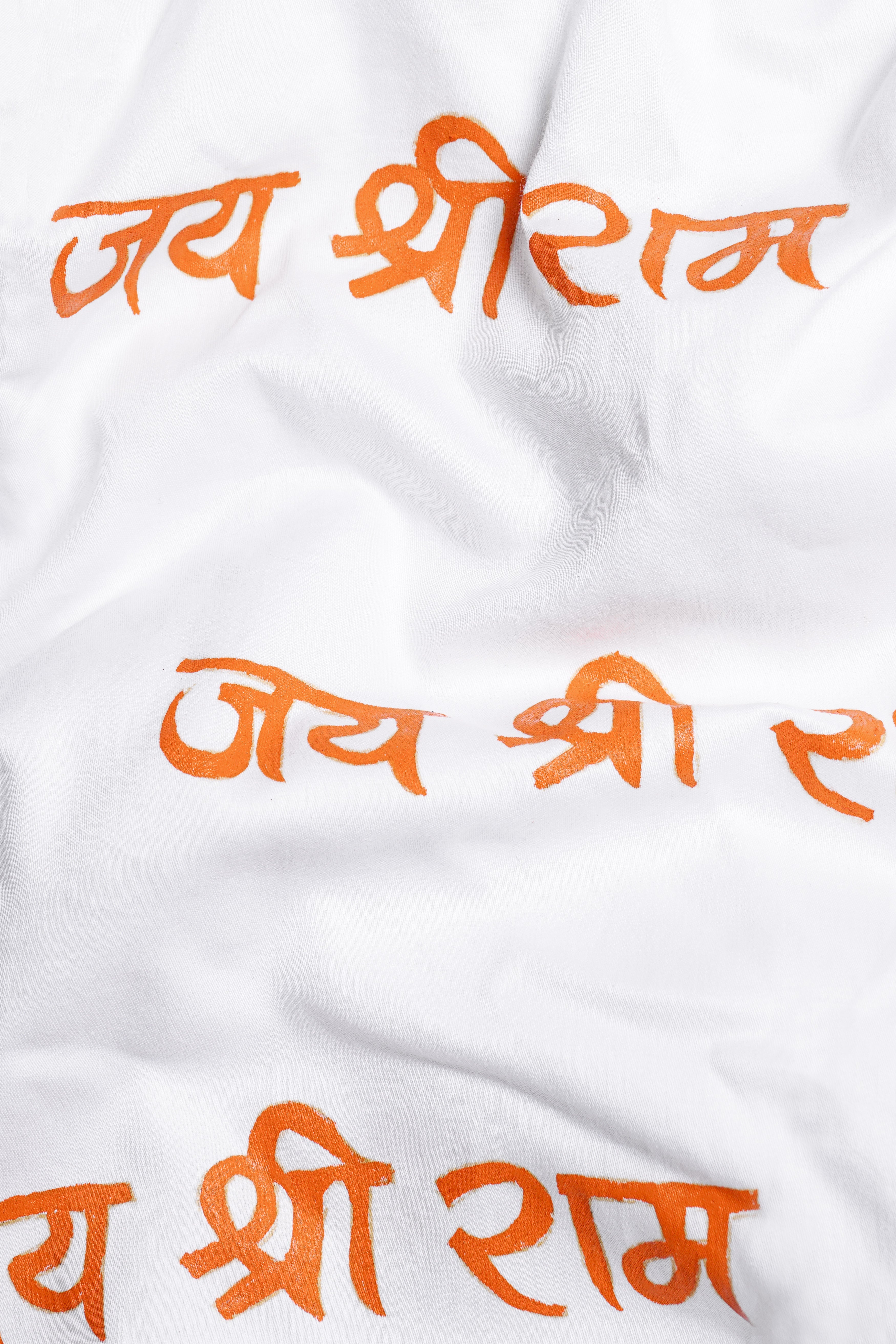 Bright White with Tangerine Orange Jai Shree Ram Hand Painted Premium Cotton Designer Shirt