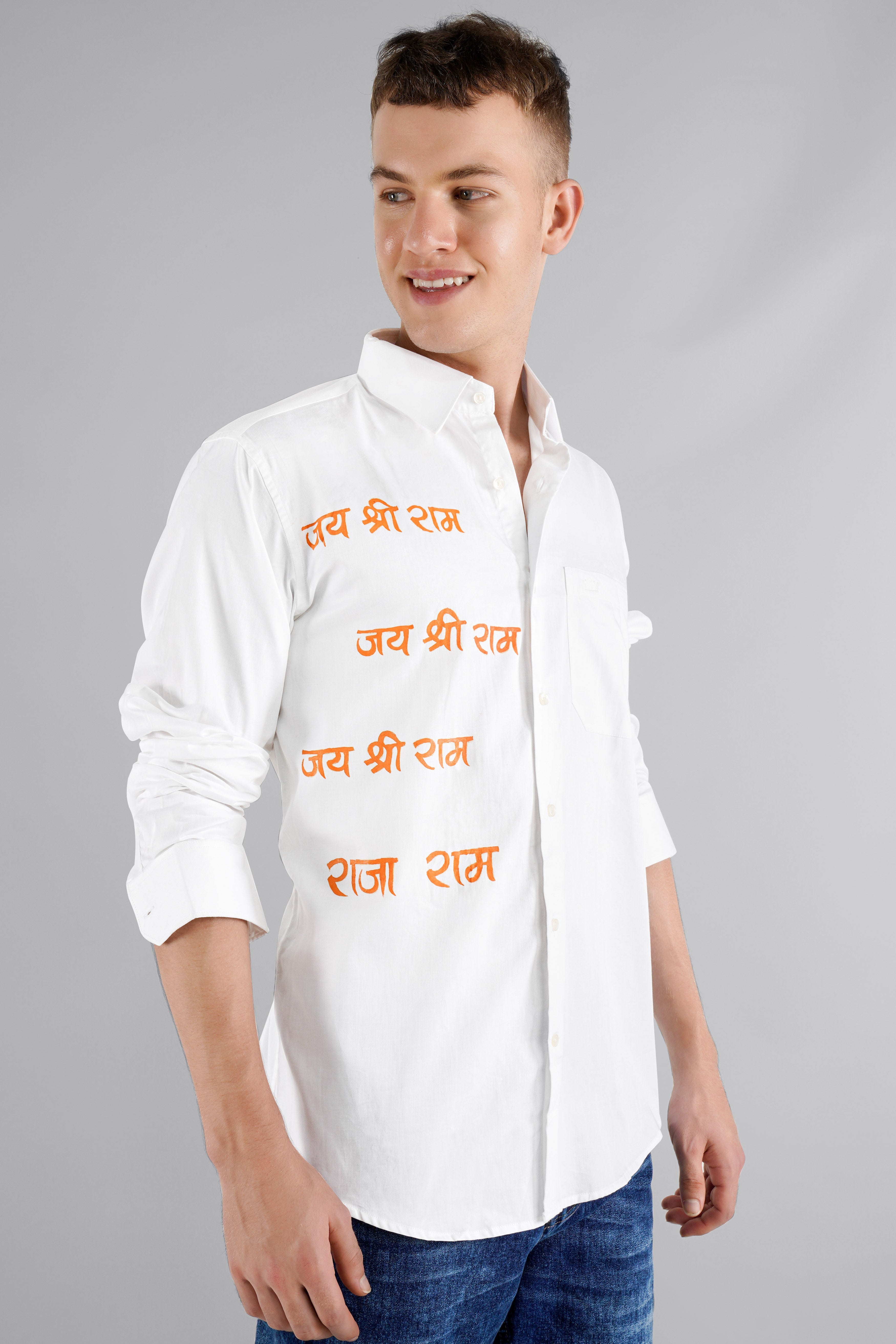 Bright White with Tangerine Orange Jai Shree Ram Hand Painted Premium Cotton Designer Shirt