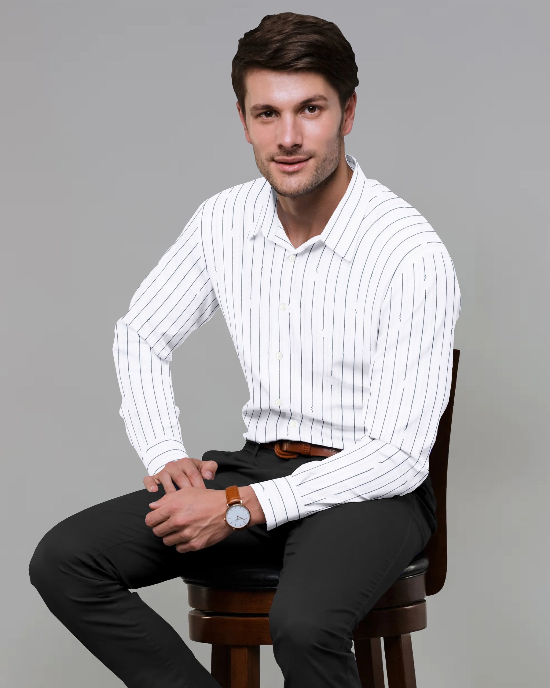 Bright White Broken and Faded Striped premium Cotton Shirt