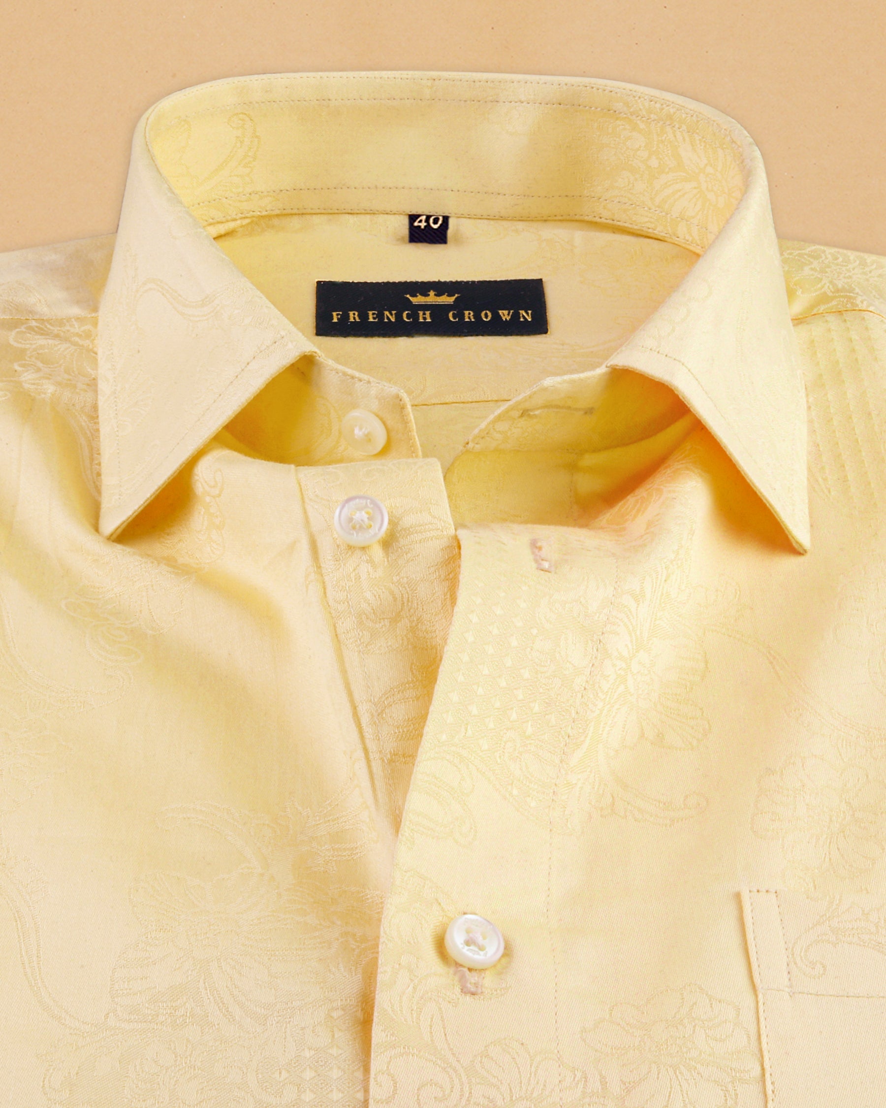 Butter Yellow Flowers and Diamonds Jacquard Textured Silky Giza Cotton Evening SHIRT
