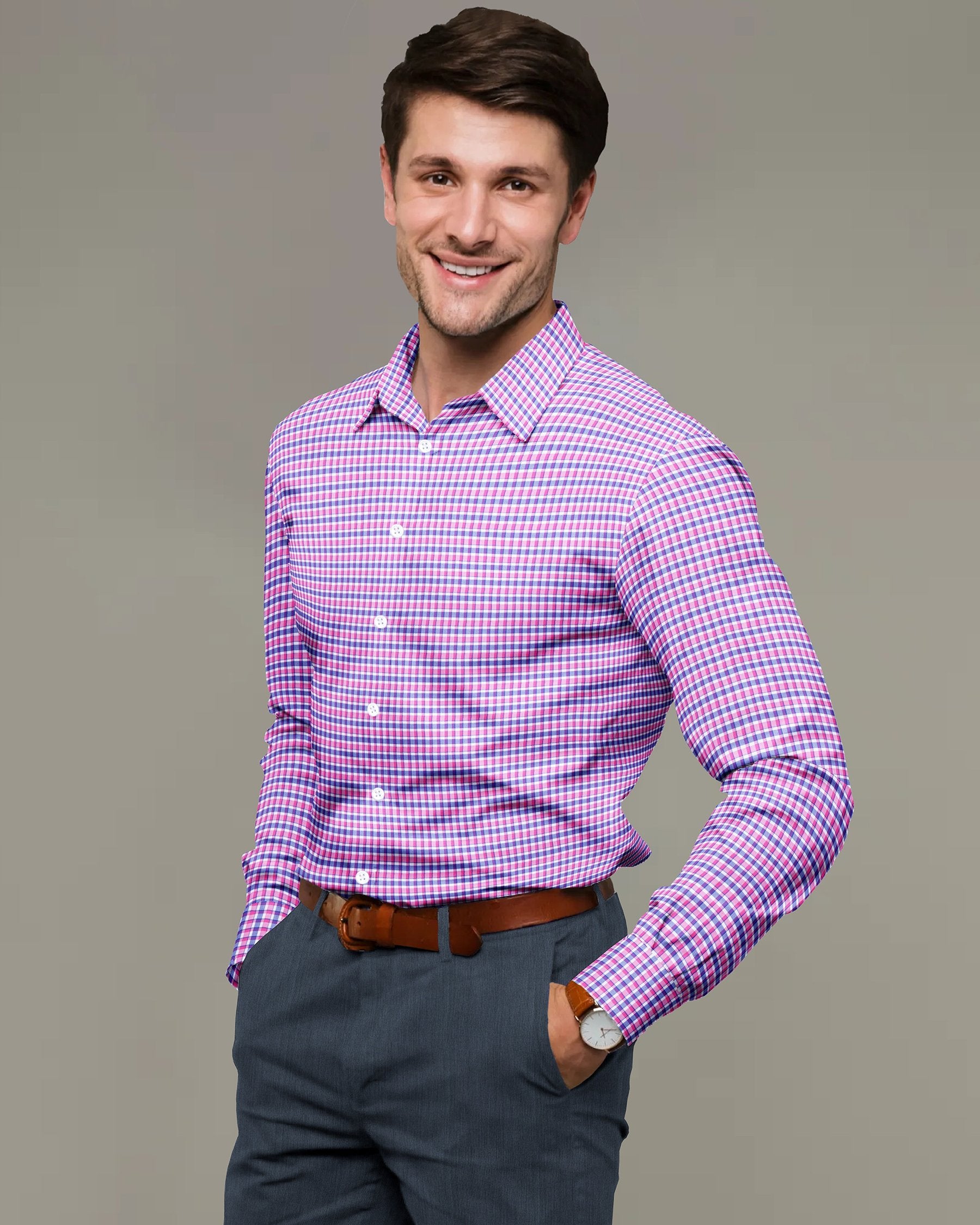 Fuchsia Pink with Blue Gingham Premium Cotton SHIRT