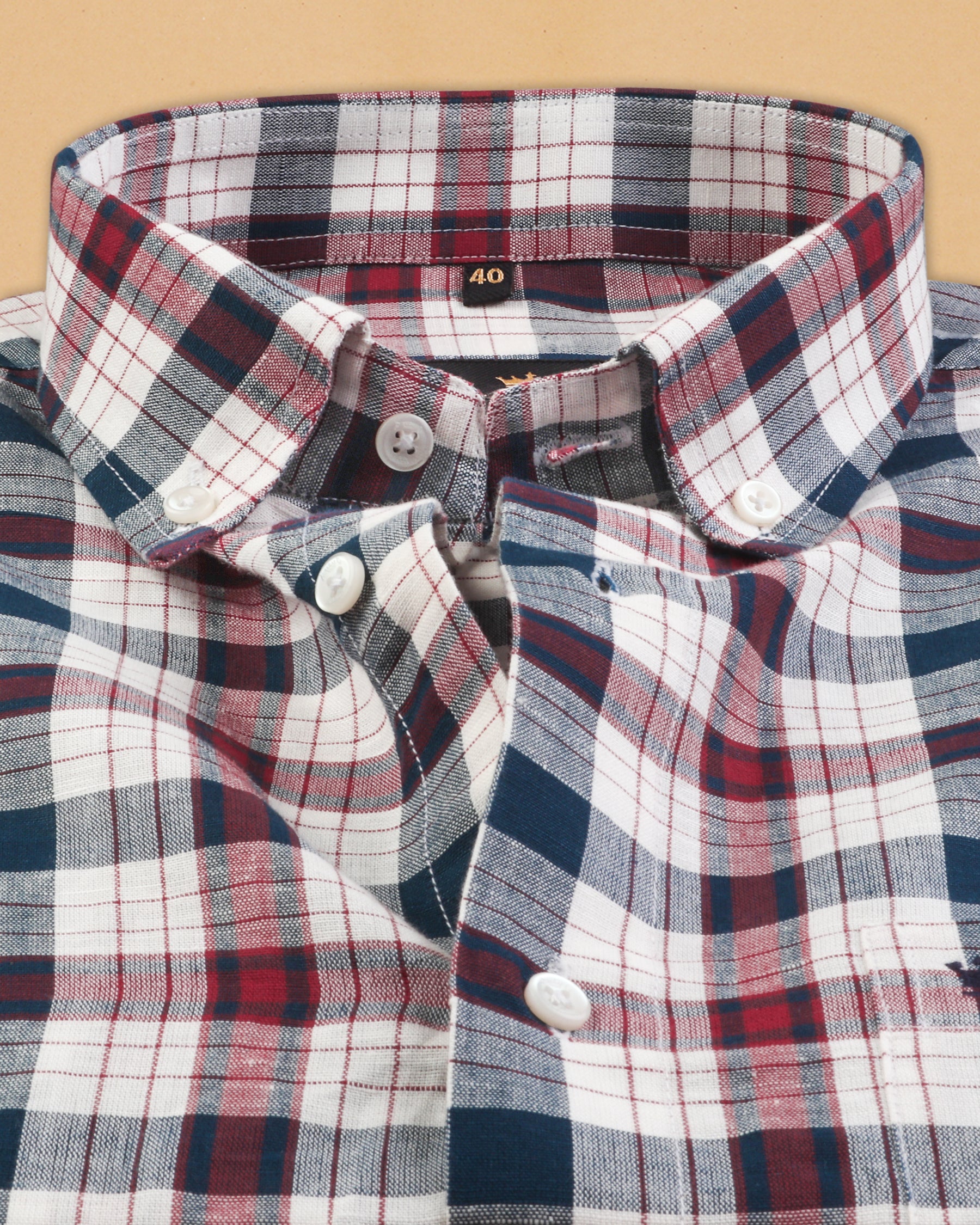 Cream with Red and Blue Plaid Luxurious Linen Shirt