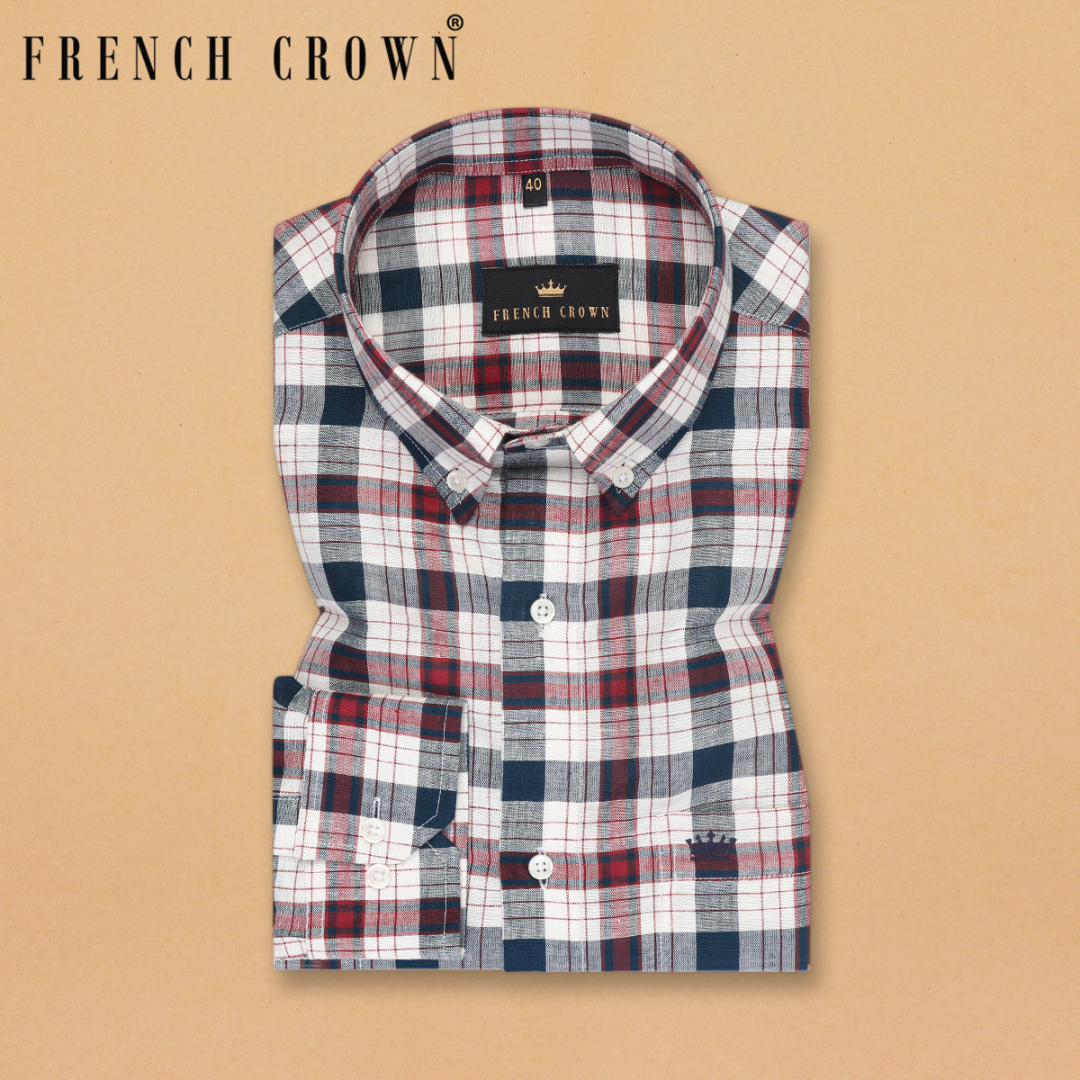Cream with Red and Blue Plaid Luxurious Linen Shirt
