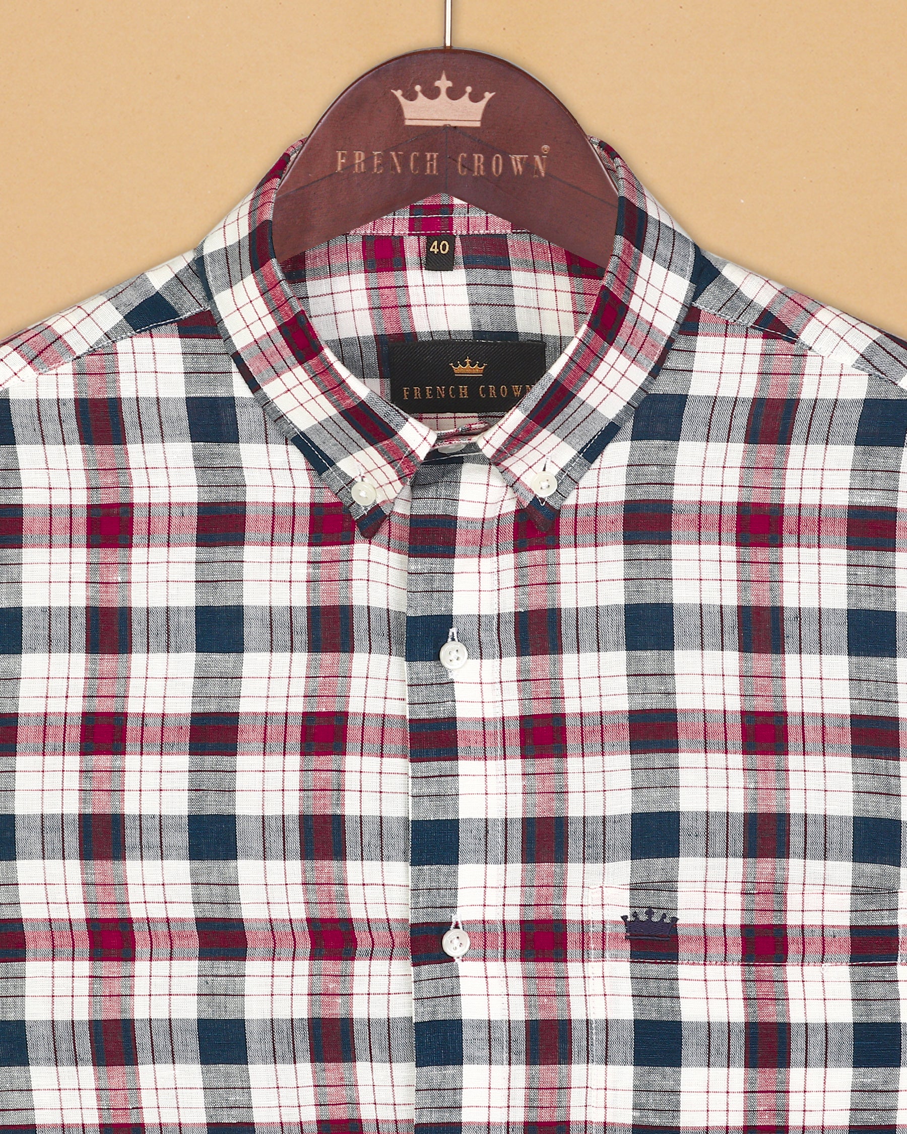 Cream with Red and Blue Plaid Luxurious Linen Shirt