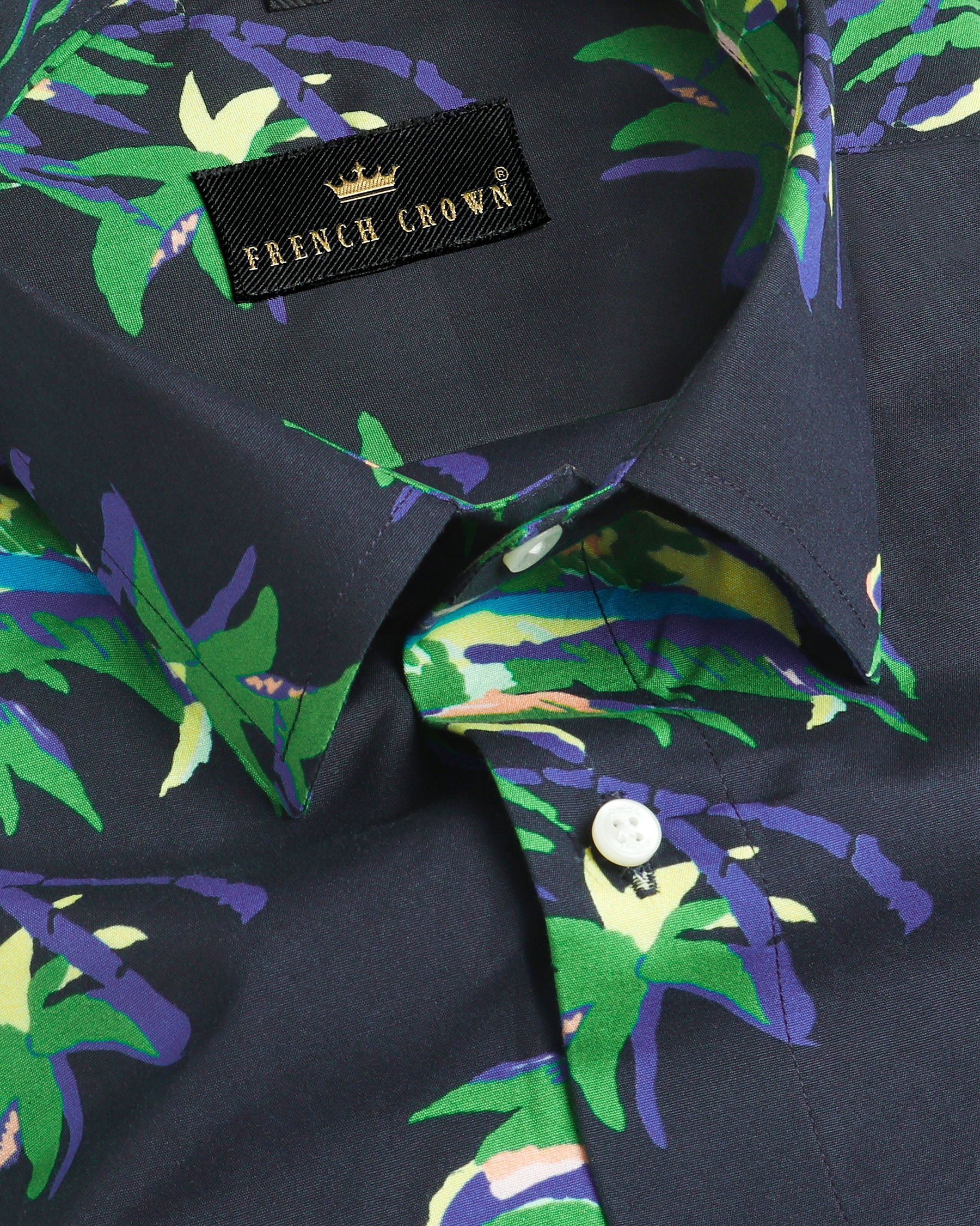 Jade Black with Green Coconut Tree Printed Premium Cotton Shirt 3390-38, 3390-40, 3390-H-40, 3390-H-42, 3390-44, 3390-H-44, 3390-46, 3390-H-46, 3390-52, 3390-H-52, 3390-42, 3390-H-38, 3390-39, 3390-H-39, 3390-48, 3390-H-48, 3390-50, 3390-H-50