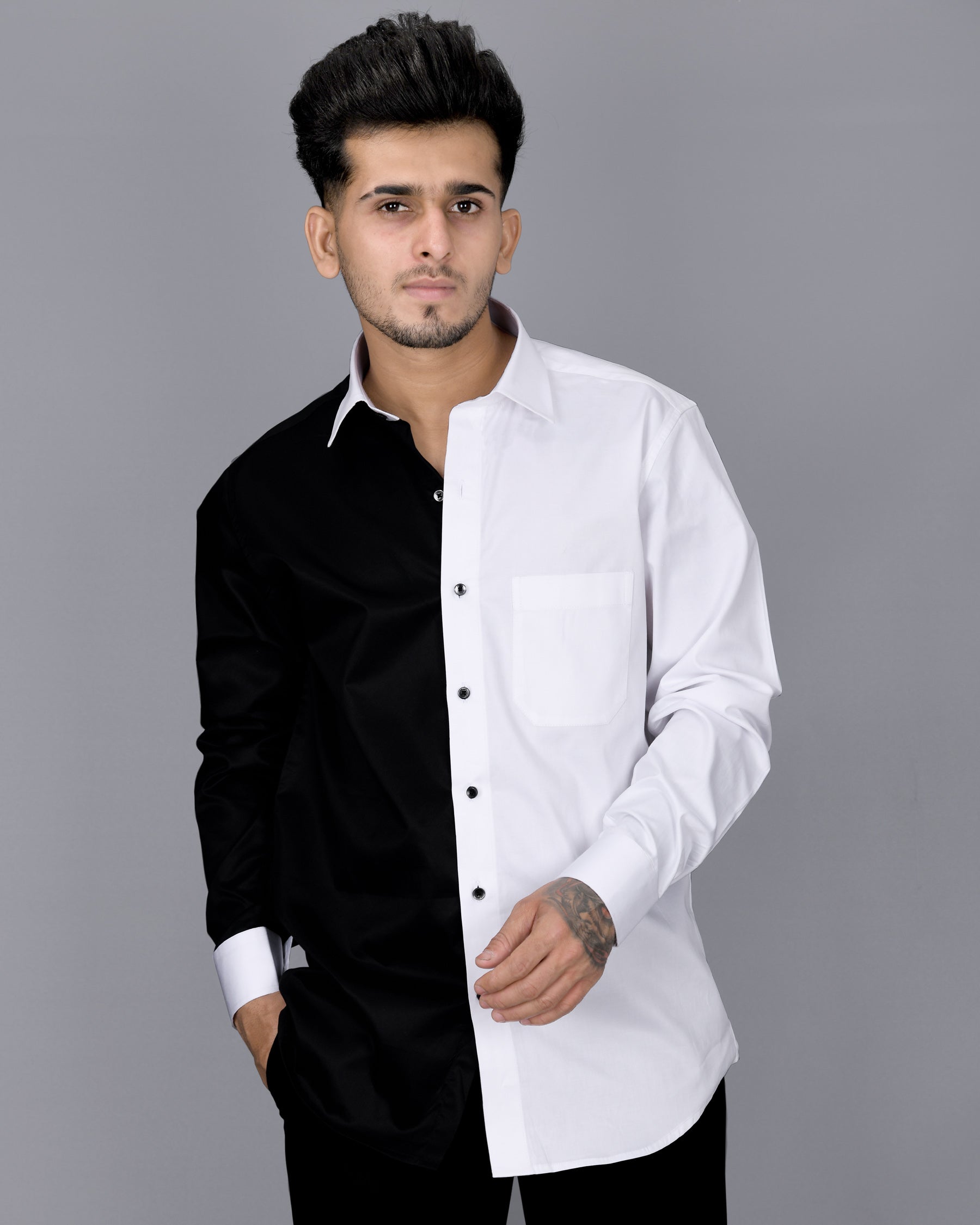 Half white and Half Black Subtle Sheen Premium Cotton Shirt 4265-BLK-P28-38, 4265-BLK-P28-H-38, 4265-BLK-P28-39, 4265-BLK-P28-H-39, 4265-BLK-P28-40, 4265-BLK-P28-H-40, 4265-BLK-P28-42, 4265-BLK-P28-H-42, 4265-BLK-P28-44, 4265-BLK-P28-H-44, 4265-BLK-P28-46, 4265-BLK-P28-H-46, 4265-BLK-P28-48, 4265-BLK-P28-H-48, 4265-BLK-P28-50, 4265-BLK-P28-H-50, 4265-BLK-P28-52, 4265-BLK-P28-H-52