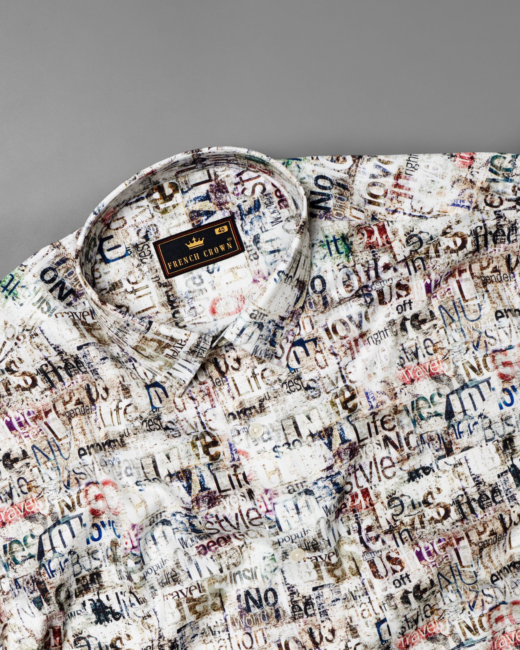 White with Multi-color words Printed Premium Satin Shirt