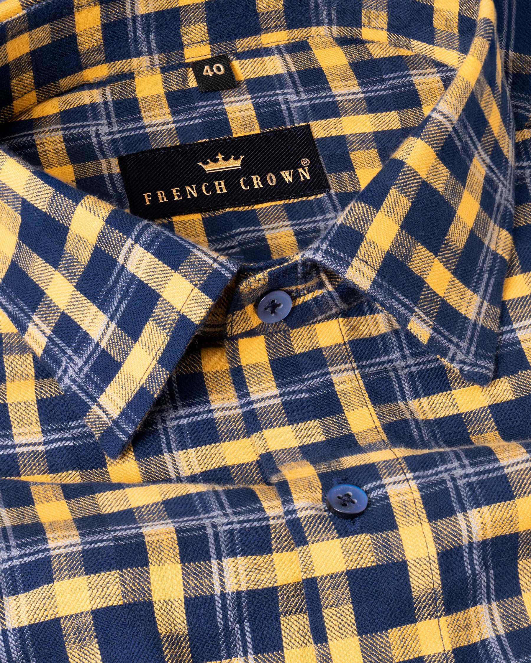 French Crown Blue Yellow Plaid Shirt Fawn White With Azure Blue