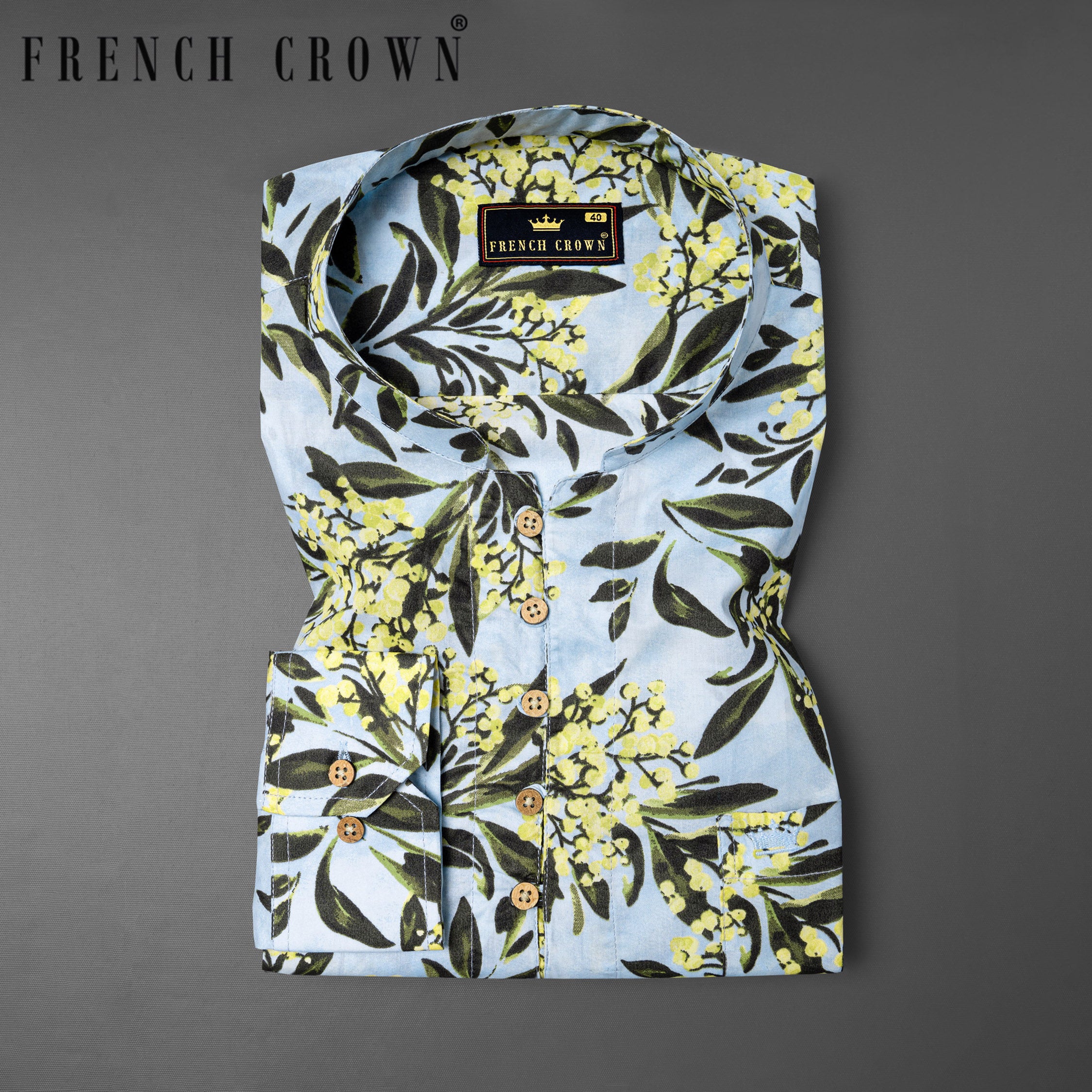 Mabel Blue Leaves Printed Premium Cotton Kurta Shirt