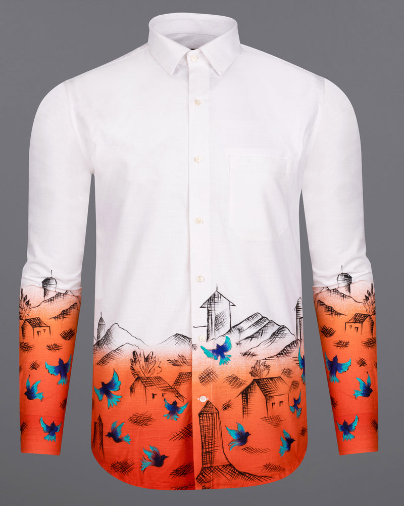 Bright White with Flamingo Orange Hand-Painted Luxurious Linen Designer Shirt 6025-ART-38, 6025-ART-H-38, 6025-ART-39, 6025-ART-H-39, 6025-ART-40, 6025-ART-H-40, 6025-ART-42, 6025-ART-H-42, 6025-ART-44, 6025-ART-H-44, 6025-ART-46, 6025-ART-H-46, 6025-ART-48, 6025-ART-H-48, 6025-ART-50, 6025-ART-H-50, 6025-ART-52, 6025-ART-H-52